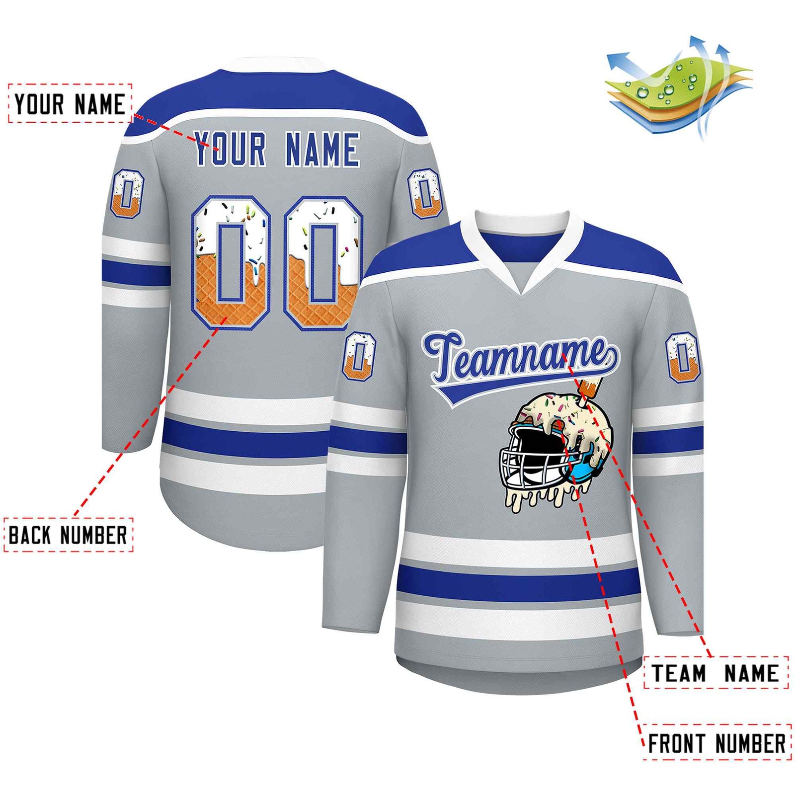 Custom Silver Royal Blue Ice Cream Helmet Pattern Personalized V-Neck Hockey Jersey| KXKSHOP