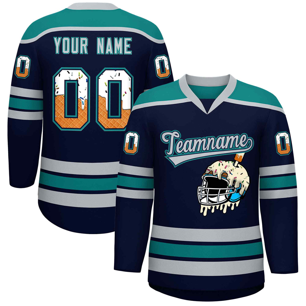 Custom Navy Teal Ice Cream Helmet Pattern Personalized V-Neck Hockey Jersey| KXKSHOP