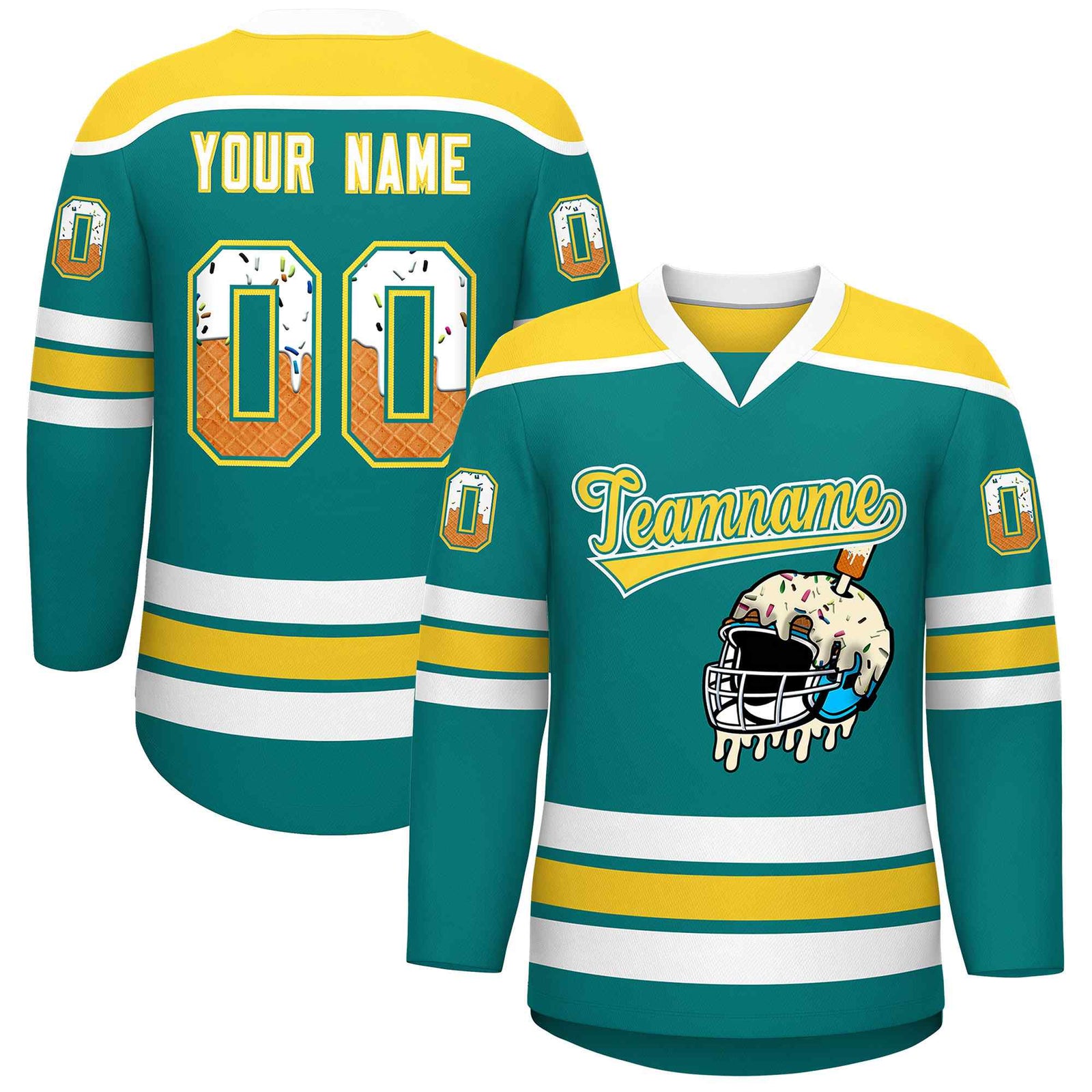 Custom Teal Gold Ice Cream Helmet Pattern Personalized V-Neck Hockey Jersey| KXKSHOP