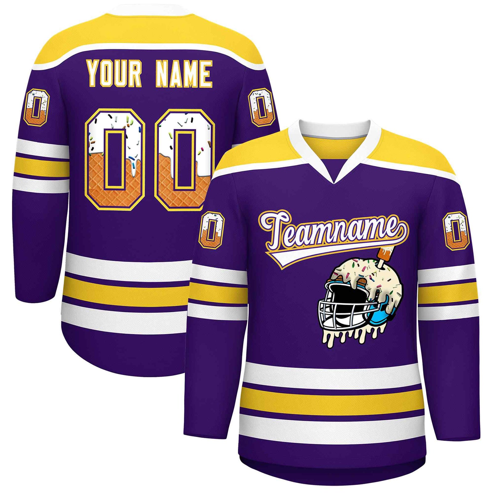 Custom Purple Gold Ice Cream Helmet Pattern Personalized V-Neck Hockey Jersey| KXKSHOP