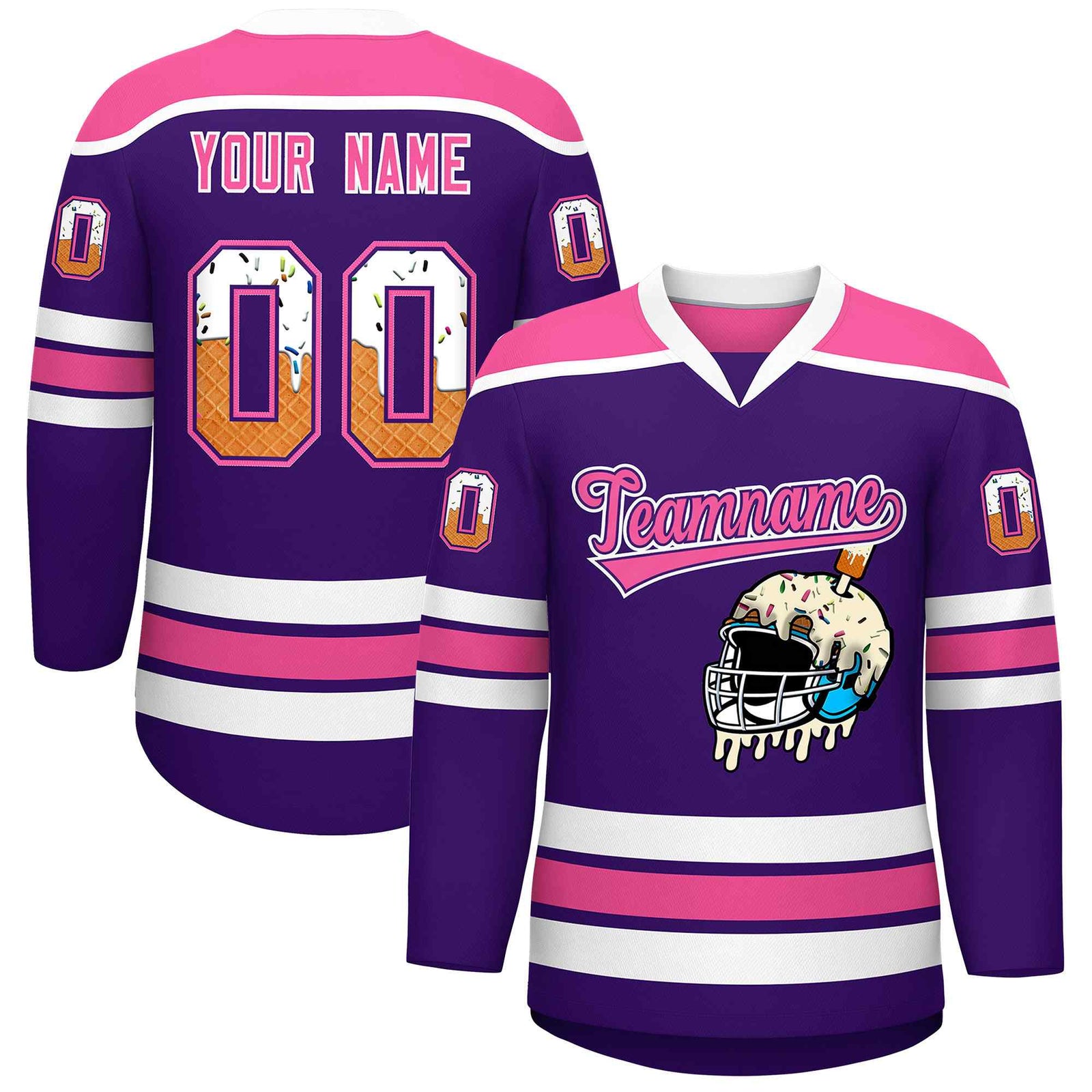 Custom Purple Pink Ice Cream Helmet Pattern Personalized V-Neck Hockey Jersey| KXKSHOP