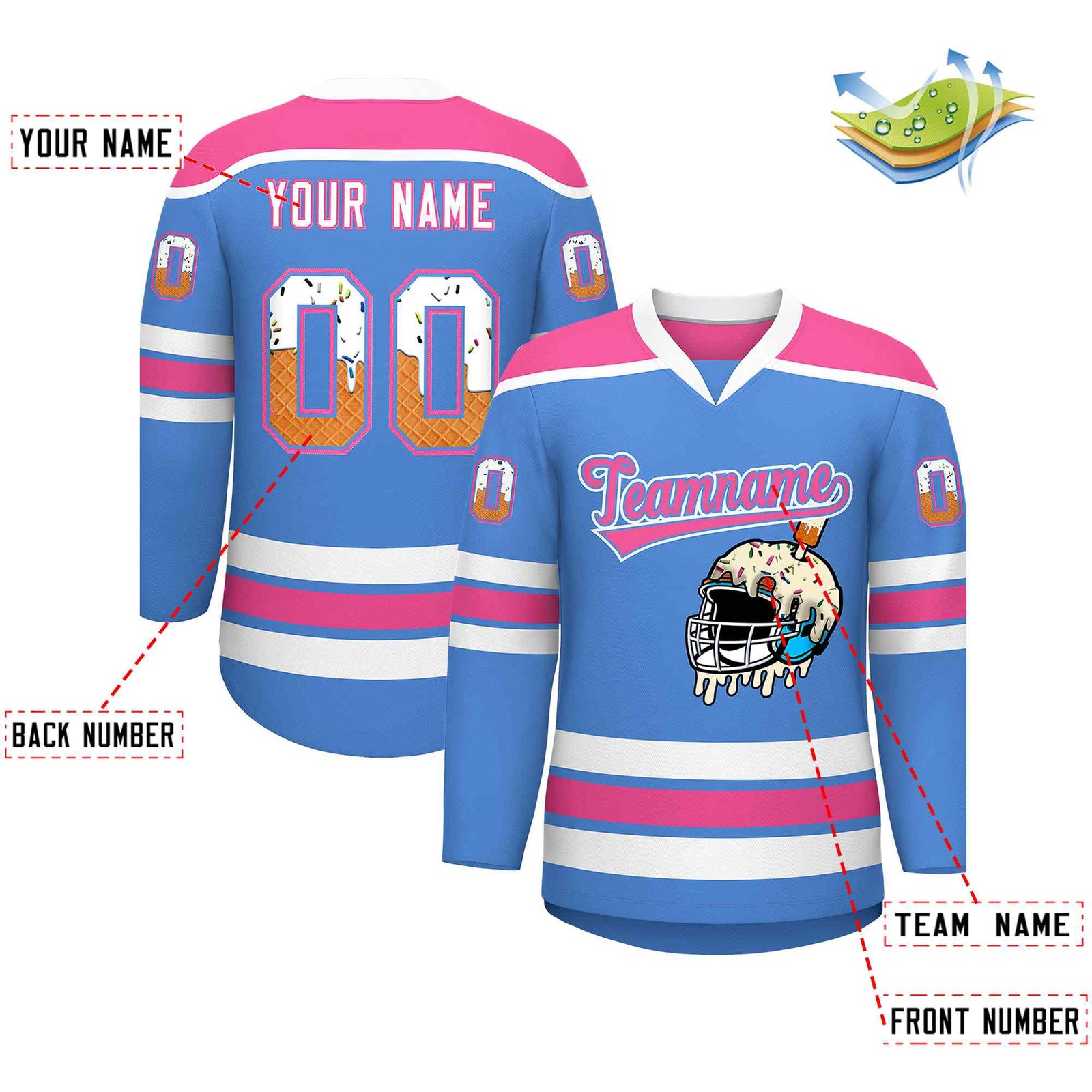 Custom Powder Blue Pink Ice Cream Helmet Pattern Personalized V-Neck Hockey Jersey| KXKSHOP