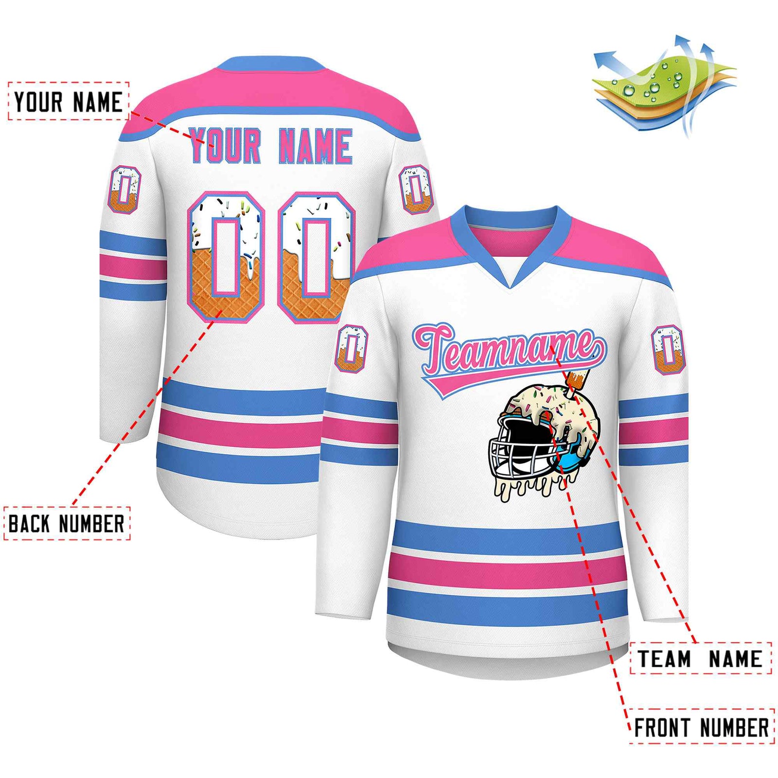 Custom White Pink Ice Cream Helmet Pattern Personalized V-Neck Hockey Jersey| KXKSHOP