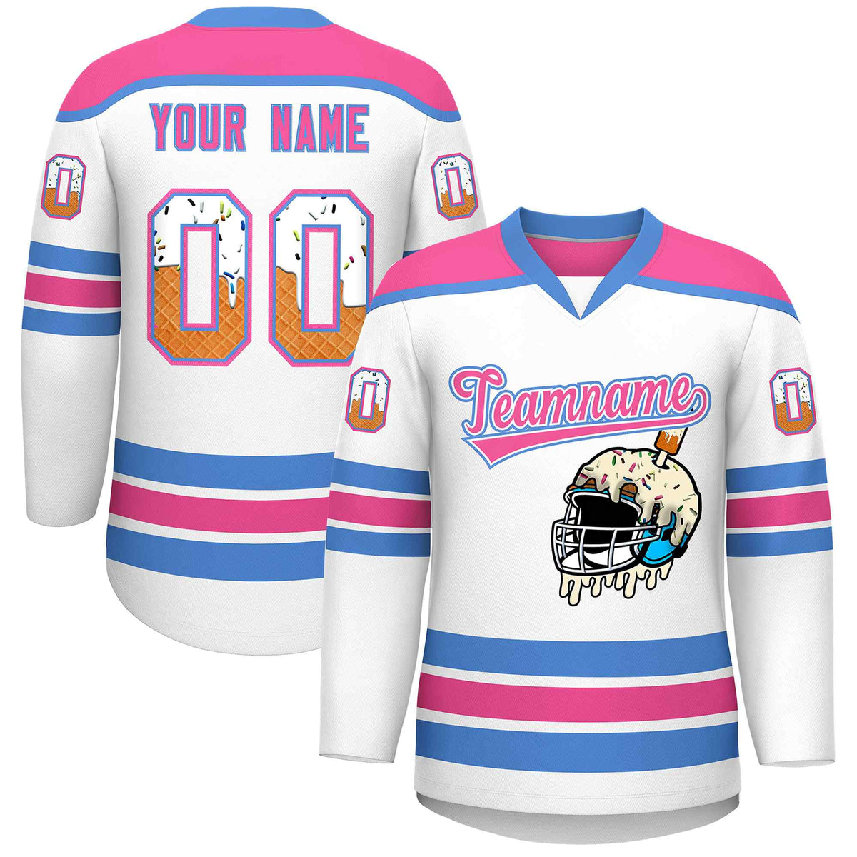 Custom White Pink Ice Cream Helmet Pattern Personalized V-Neck Hockey Jersey| KXKSHOP