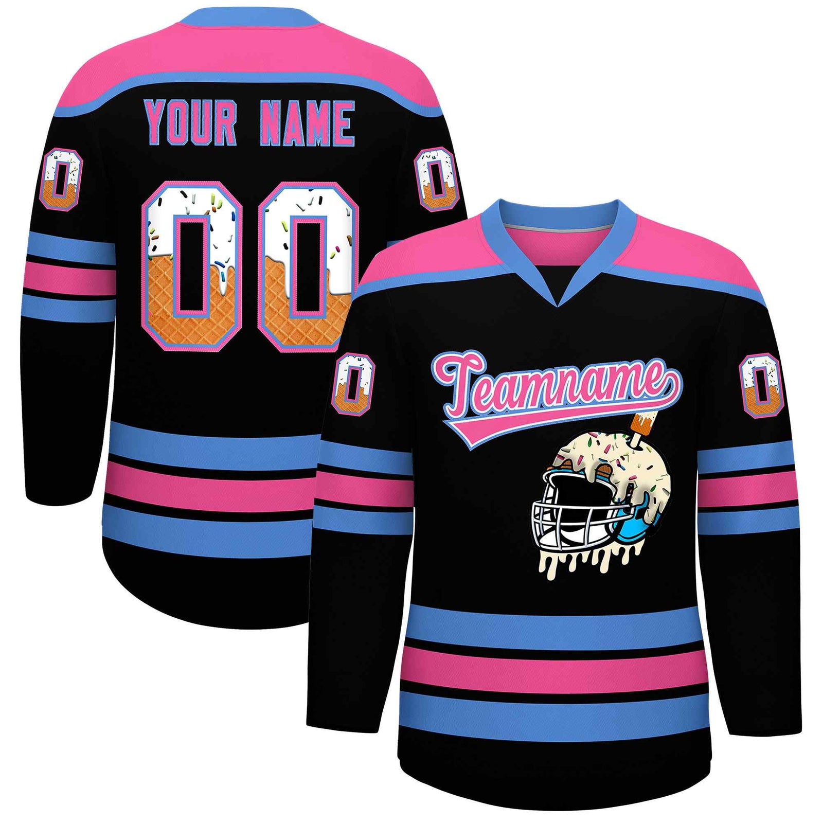 Custom Black Powder Blue Ice Cream Helmet Pattern Personalized V-Neck Hockey Jersey| KXKSHOP
