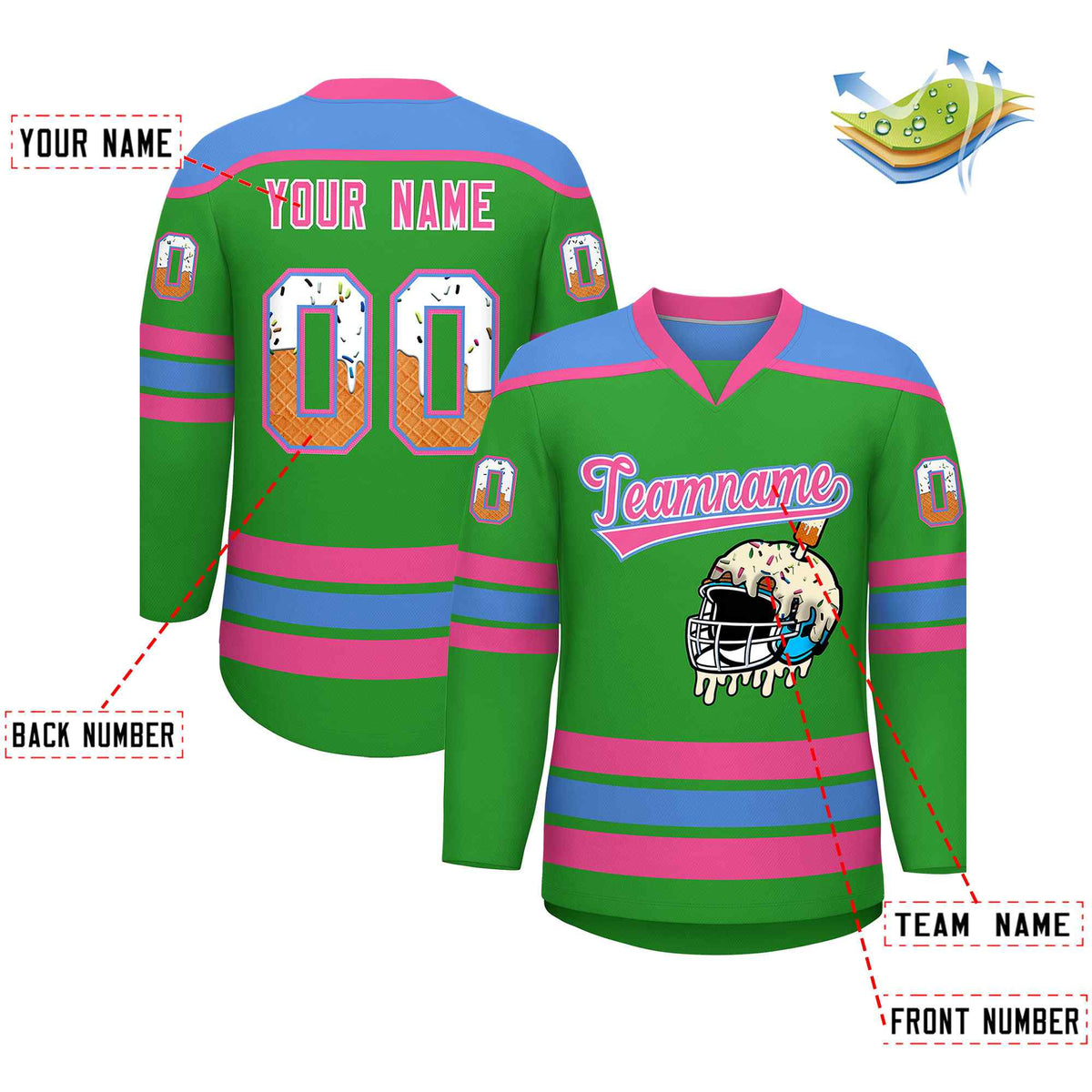 Custom Light Green Powder Blue Ice Cream Helmet Pattern Personalized V-Neck Hockey Jersey| KXKSHOP