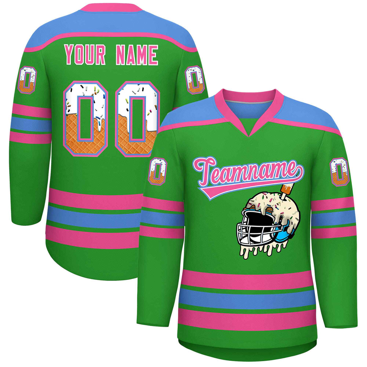 Custom Light Green Powder Blue Ice Cream Helmet Pattern Personalized V-Neck Hockey Jersey| KXKSHOP