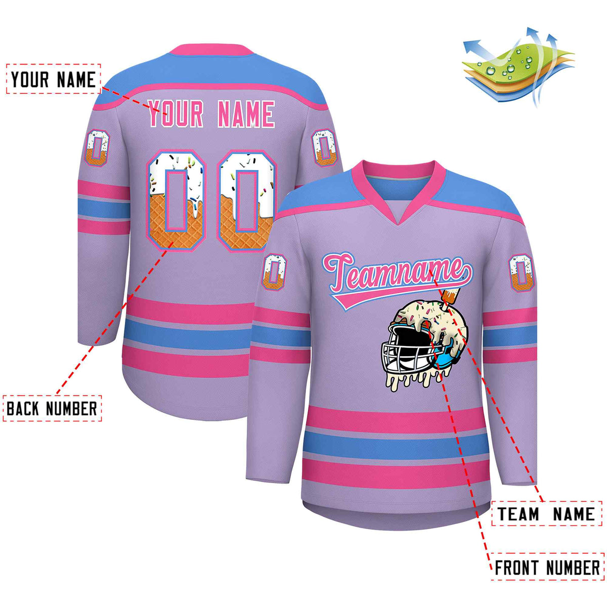 Custom Light Purple Powder Blue Ice Cream Helmet Pattern Personalized V-Neck Hockey Jersey| KXKSHOP