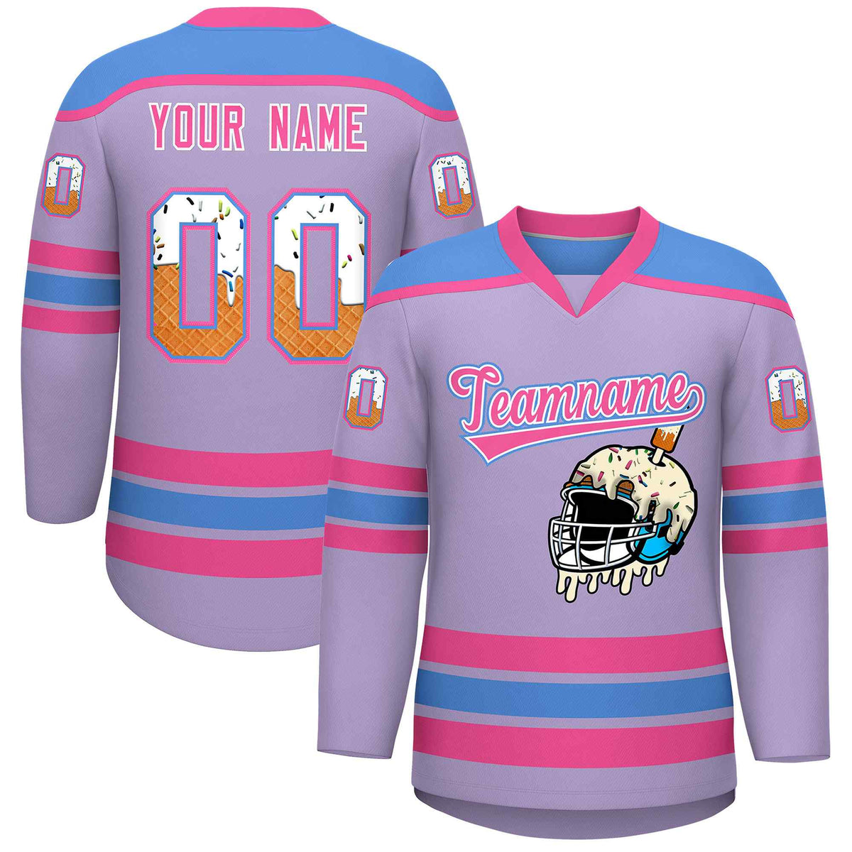 Custom Light Purple Powder Blue Ice Cream Helmet Pattern Personalized V-Neck Hockey Jersey| KXKSHOP