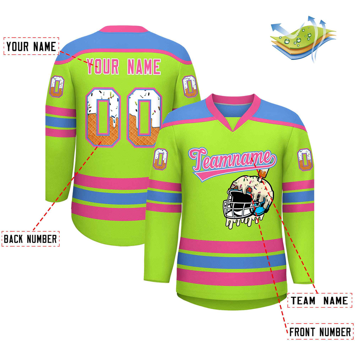 Custom Neon Green Powder Blue Ice Cream Helmet Pattern Personalized V-Neck Hockey Jersey| KXKSHOP