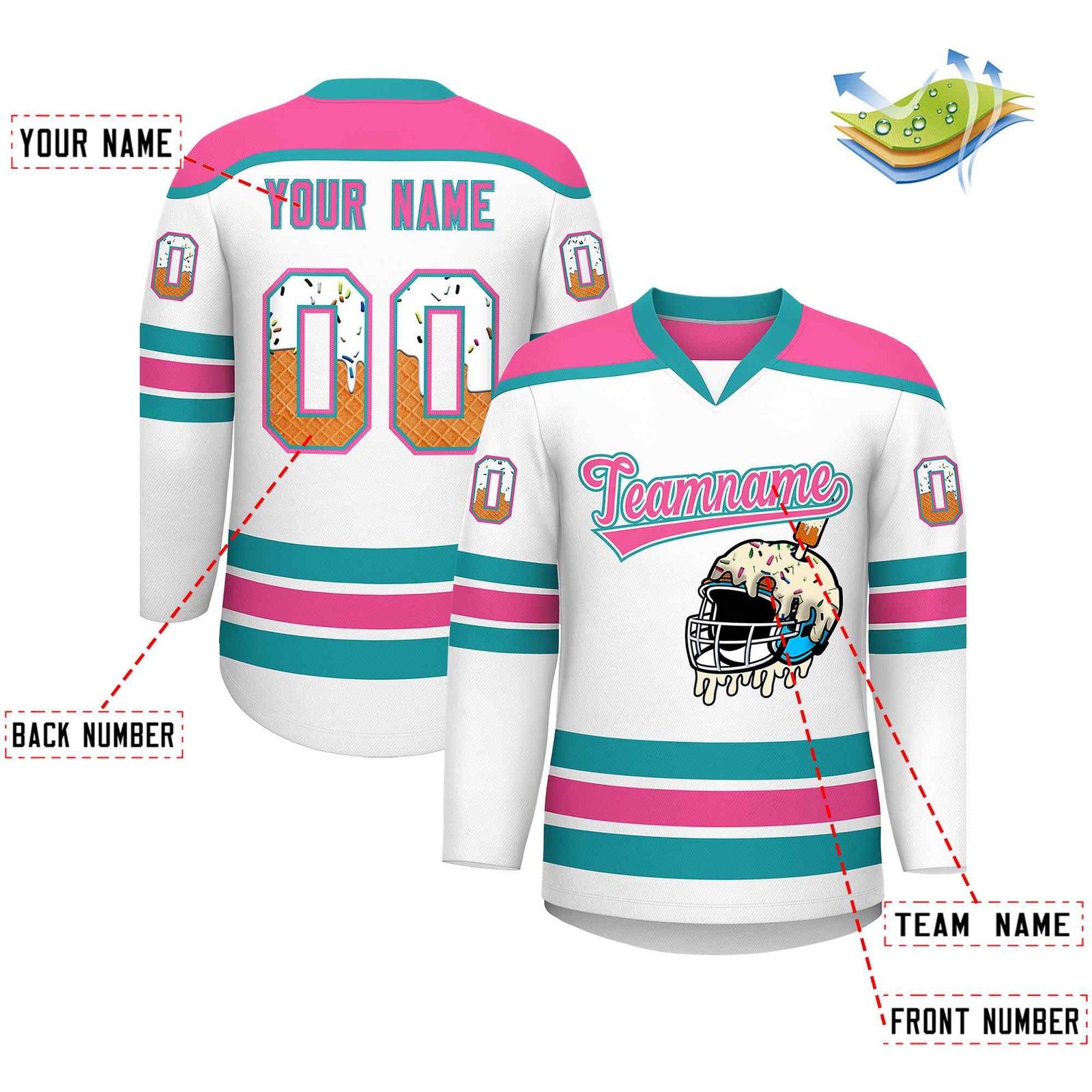 Custom White Pink Ice Cream Helmet Pattern Personalized V-Neck Hockey Jersey| KXKSHOP