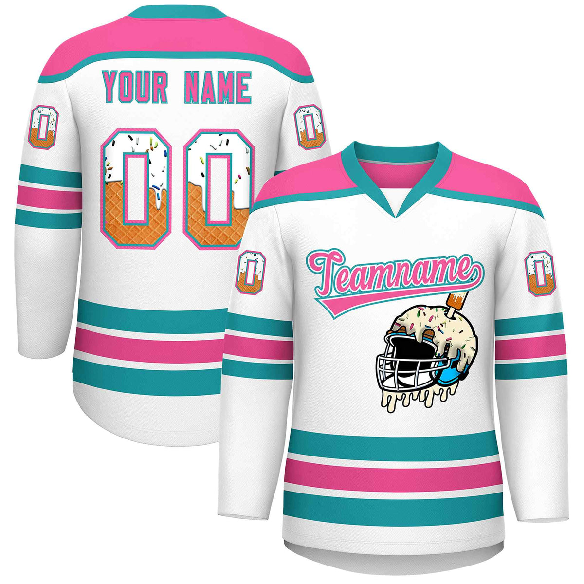 Custom White Pink Ice Cream Helmet Pattern Personalized V-Neck Hockey Jersey| KXKSHOP