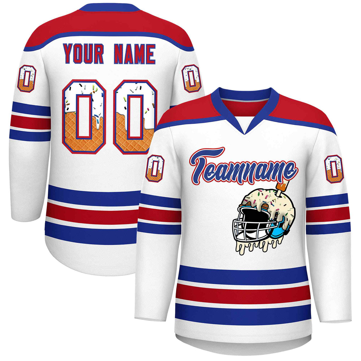 Custom White Royal Blue Ice Cream Helmet Pattern Personalized V-Neck Hockey Jersey