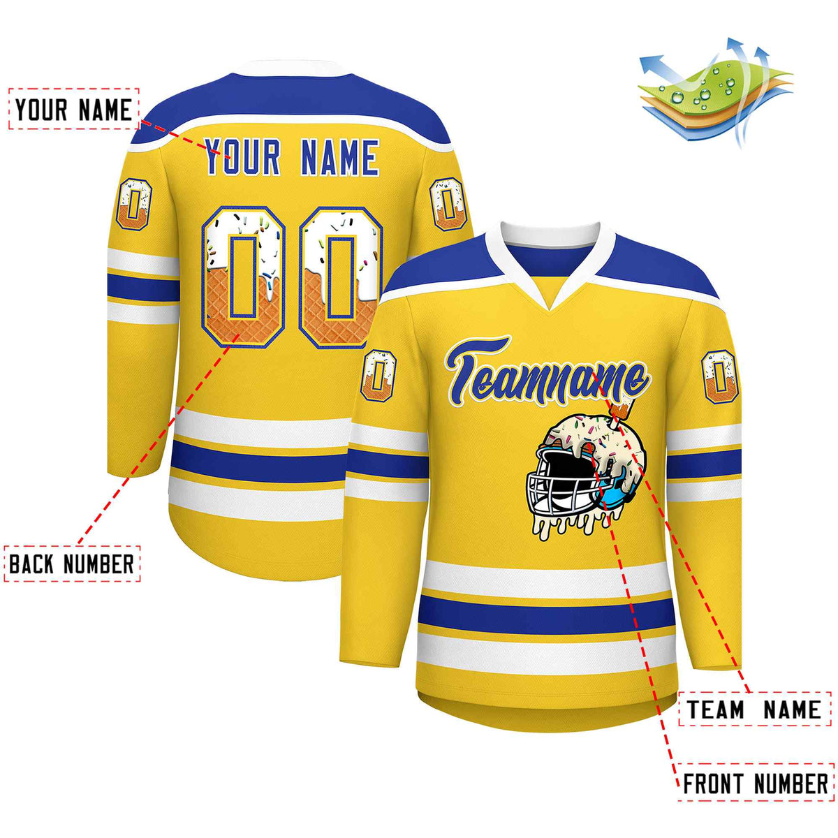 Custom Gold Royal Blue Ice Cream Helmet Pattern Personalized V-Neck Hockey Jersey