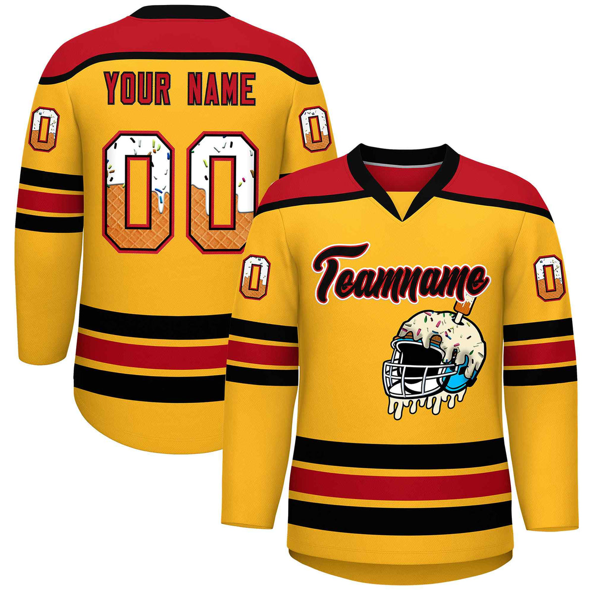 Custom Yellow Red Ice Cream Helmet Pattern Personalized V-Neck Hockey Jersey