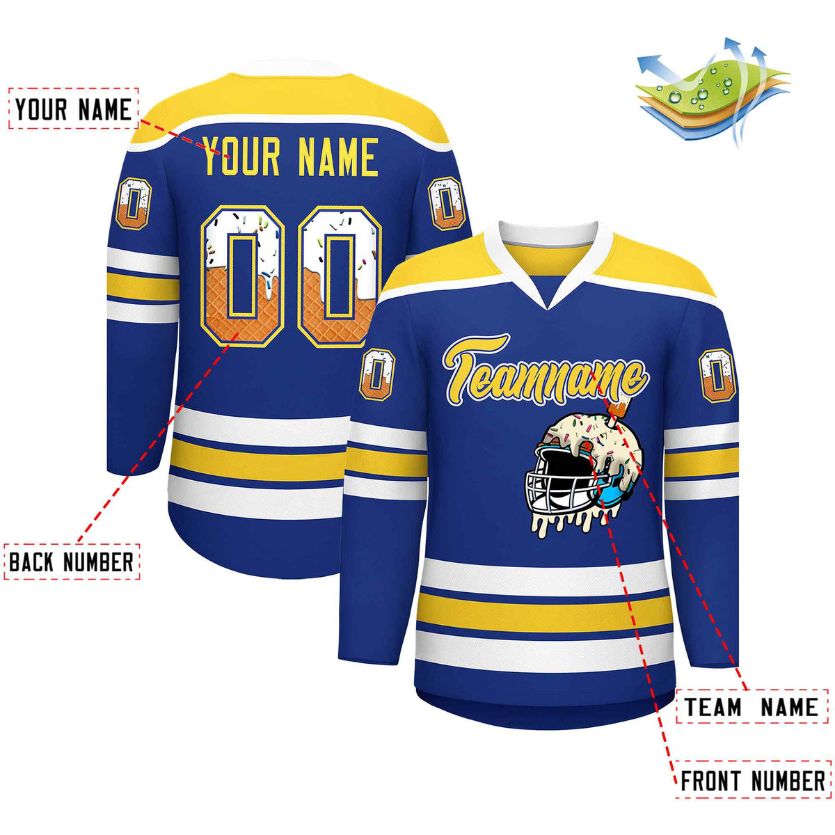 Custom Royal Blue Gold Ice Cream Helmet Pattern Personalized V-Neck Hockey Jersey