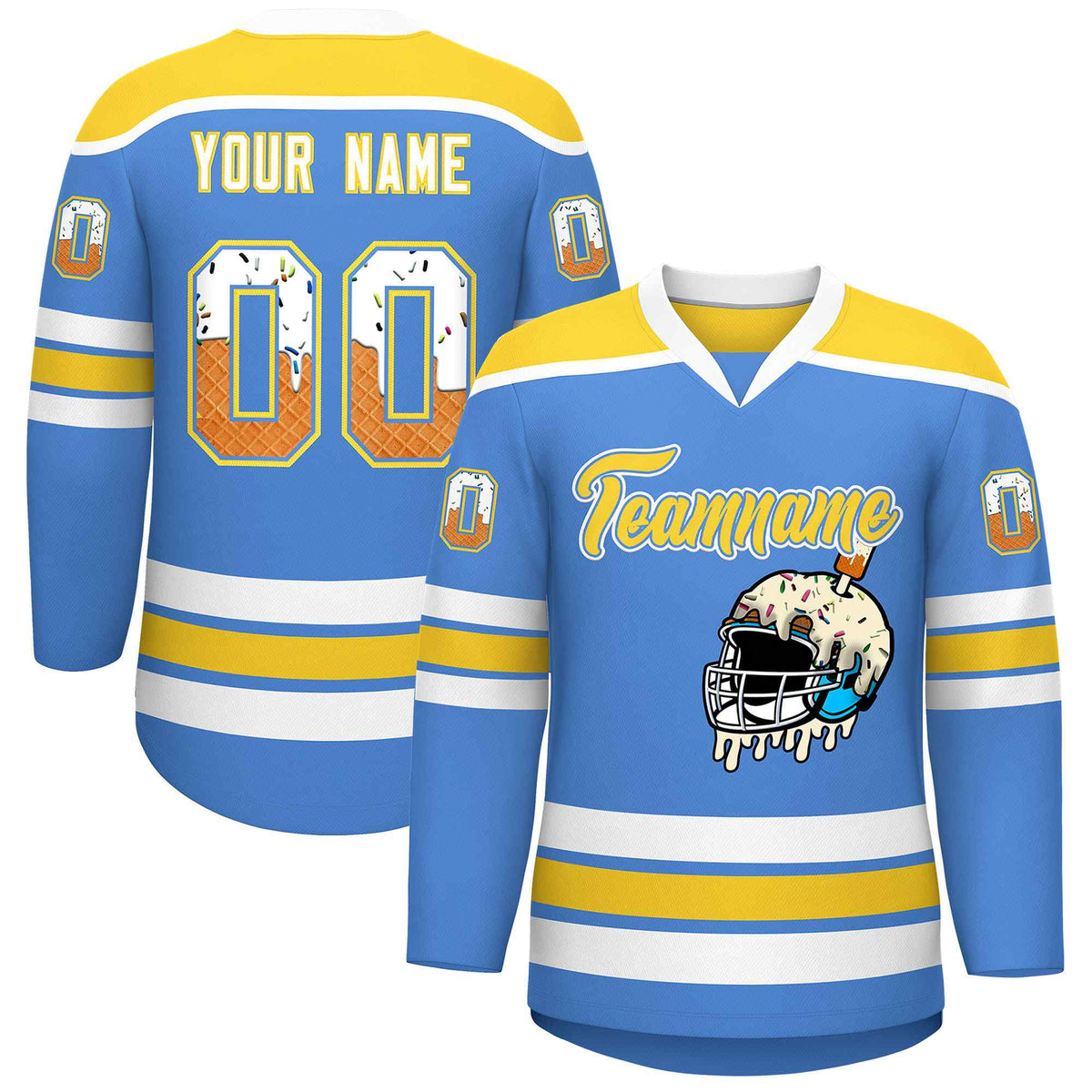 Custom Powder Blue Gold Ice Cream Helmet Pattern Personalized V-Neck Hockey Jersey
