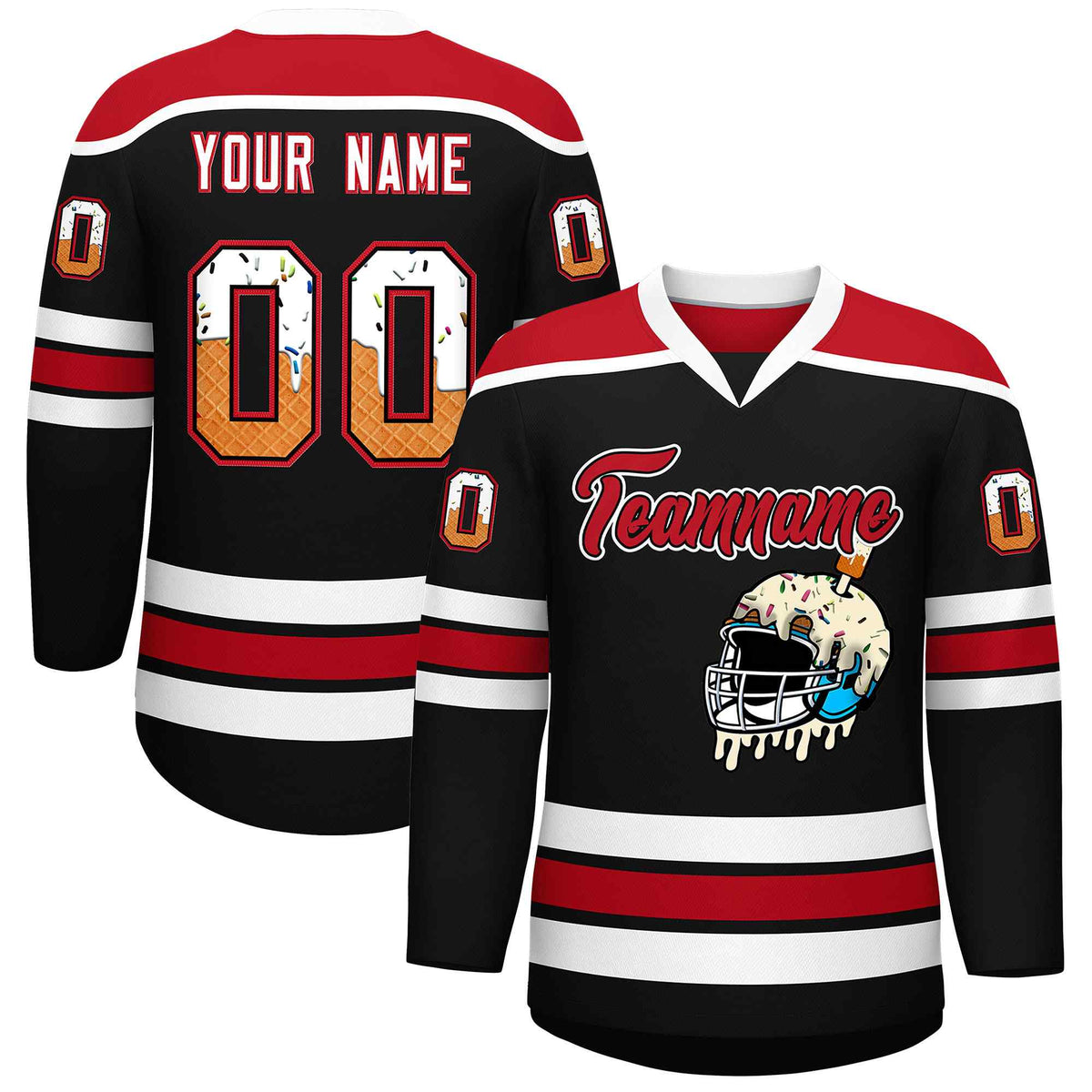 Custom Black Red Ice Cream Helmet Pattern Personalized V-Neck Hockey Jersey