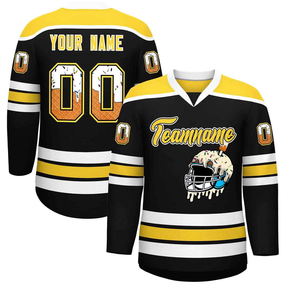Custom Black Gold Ice Cream Helmet Pattern Personalized V-Neck Hockey Jersey