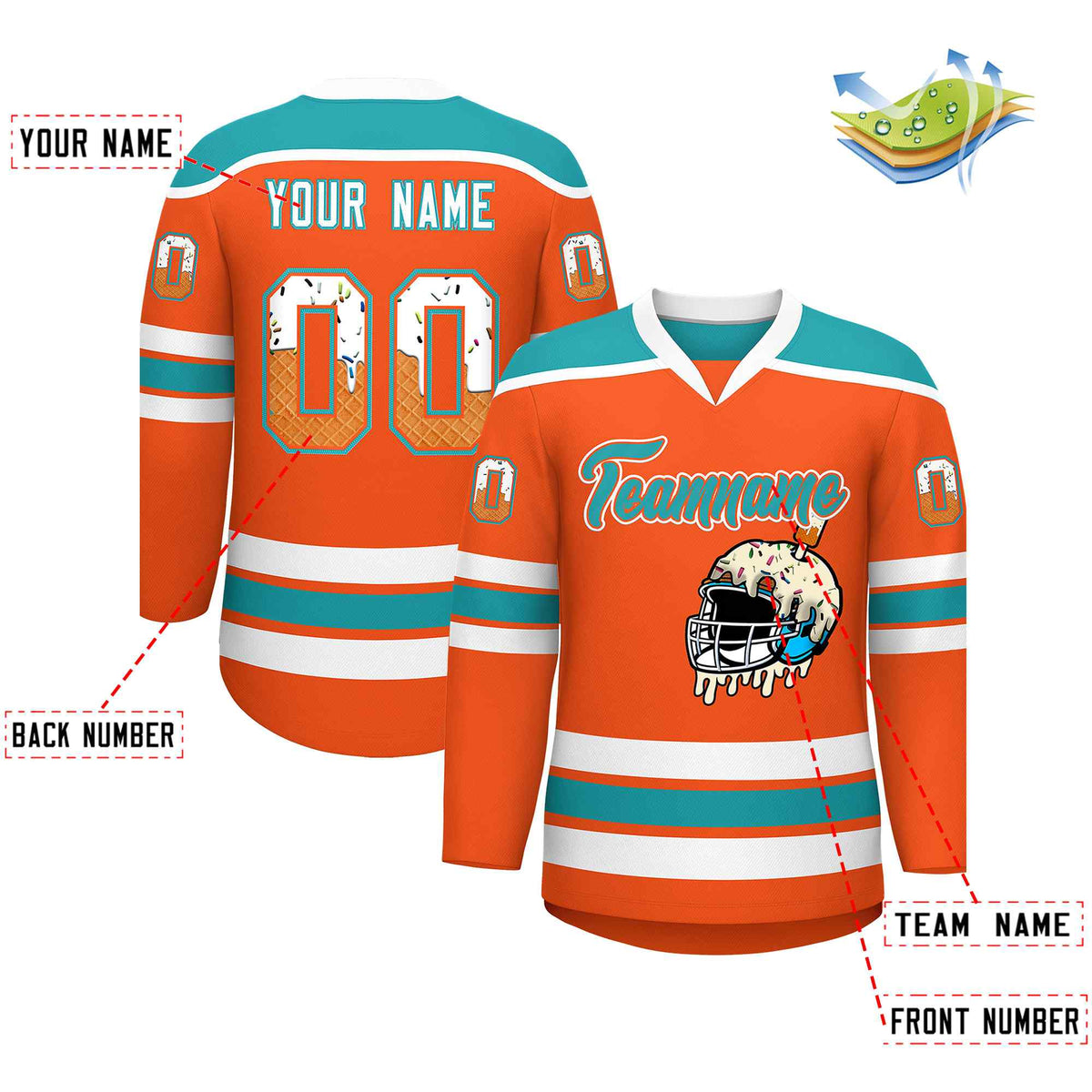 Custom Orange Aqua Ice Cream Helmet Pattern Personalized V-Neck Hockey Jersey