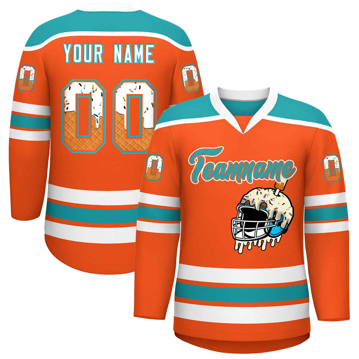 Custom Orange Aqua Ice Cream Helmet Pattern Personalized V-Neck Hockey Jersey