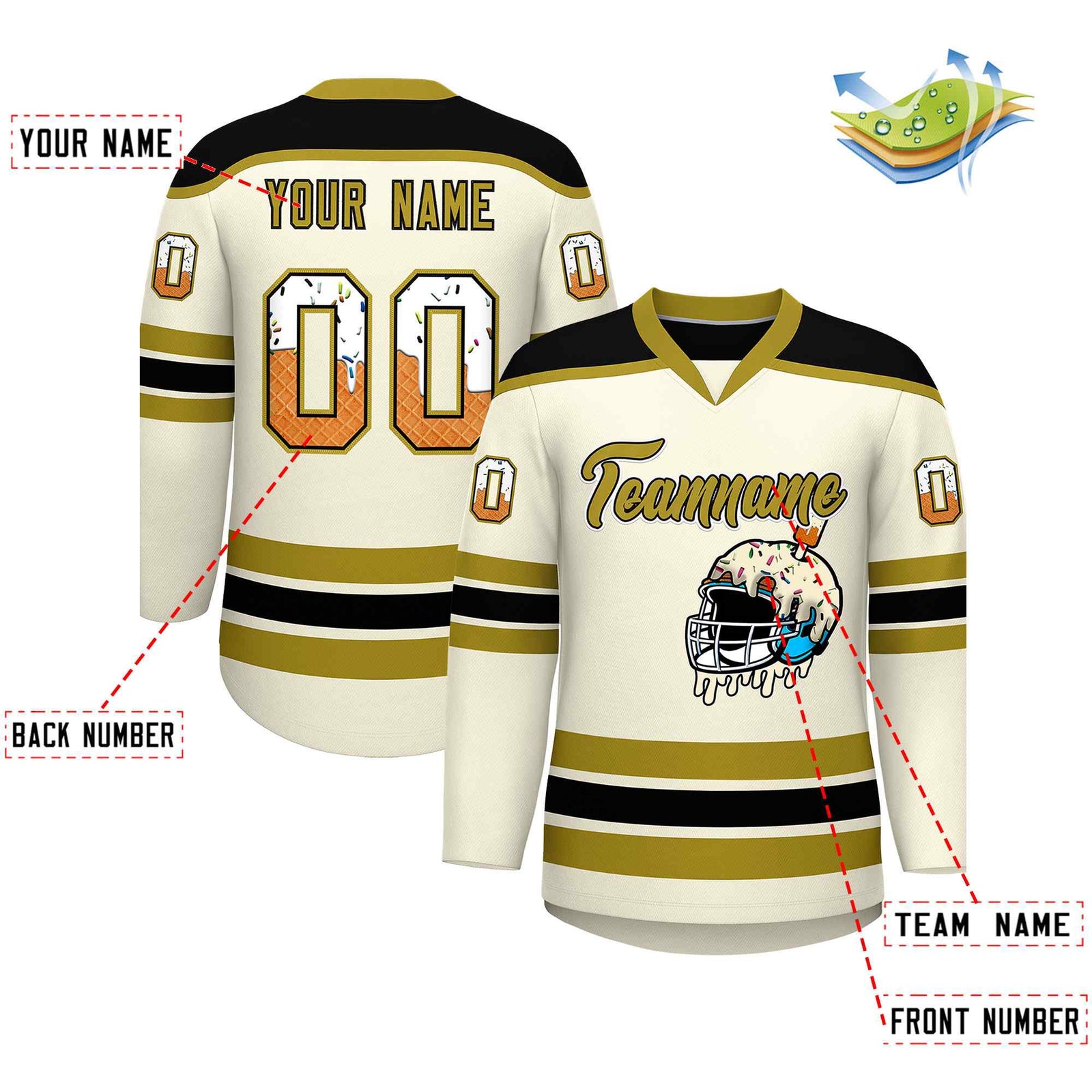 Custom Cream Old Gold Ice Cream Helmet Pattern Personalized V-Neck Hockey Jersey