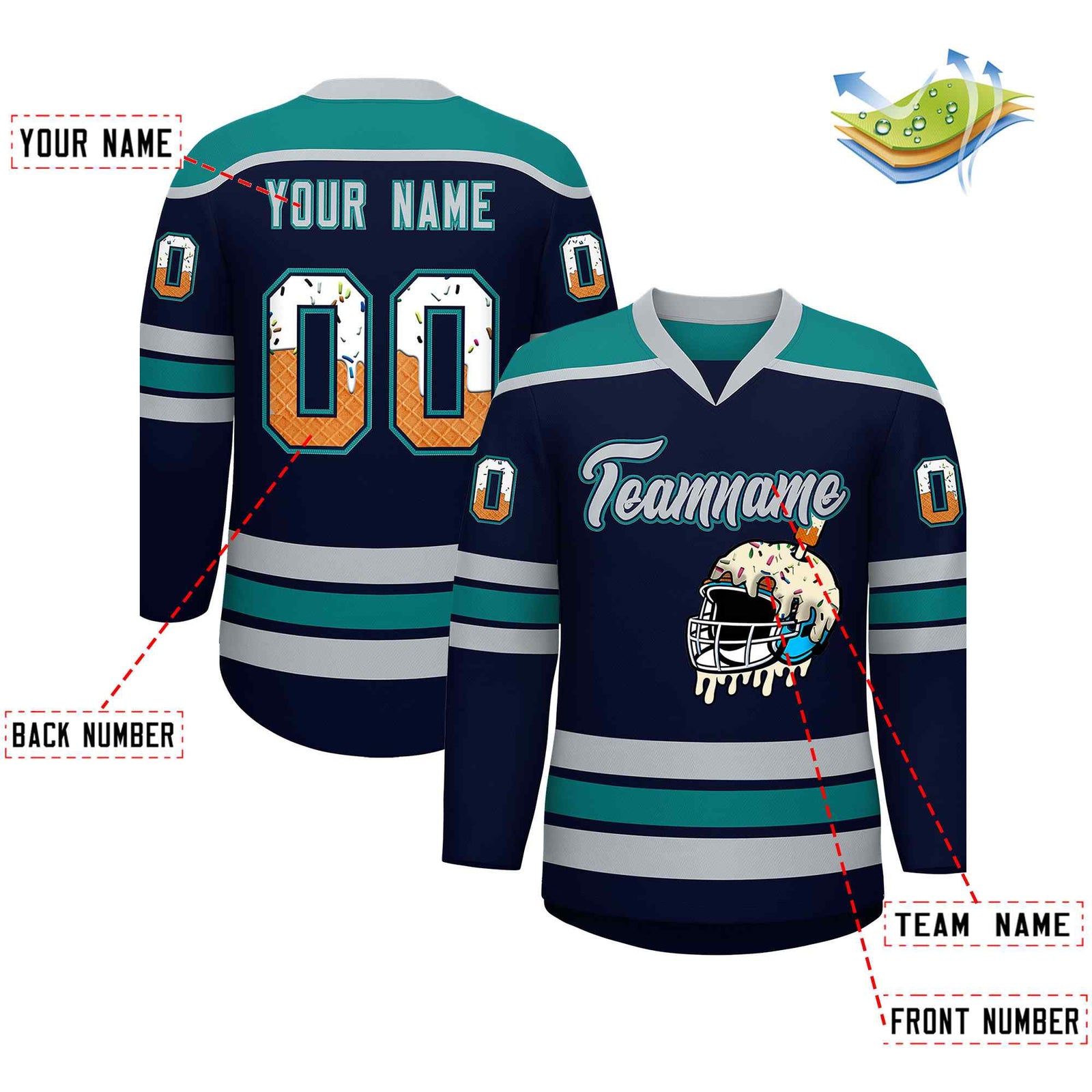 Custom Navy Teal Ice Cream Helmet Pattern Personalized V-Neck Hockey Jersey