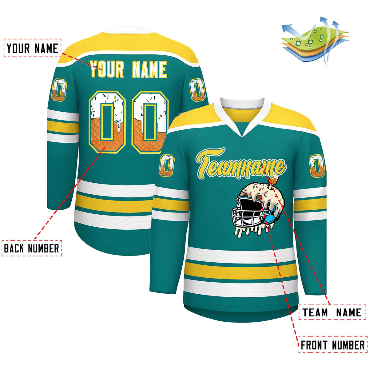 Custom Teal Gold Ice Cream Helmet Pattern Personalized V-Neck Hockey Jersey