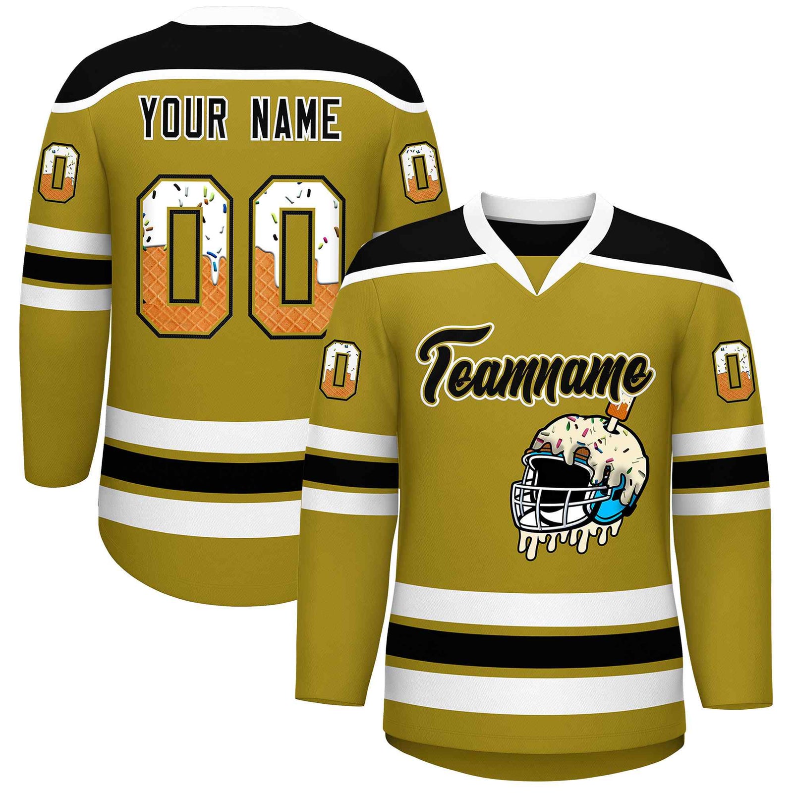 Custom Old Gold Black Ice Cream Helmet Pattern Personalized V-Neck Hockey Jersey