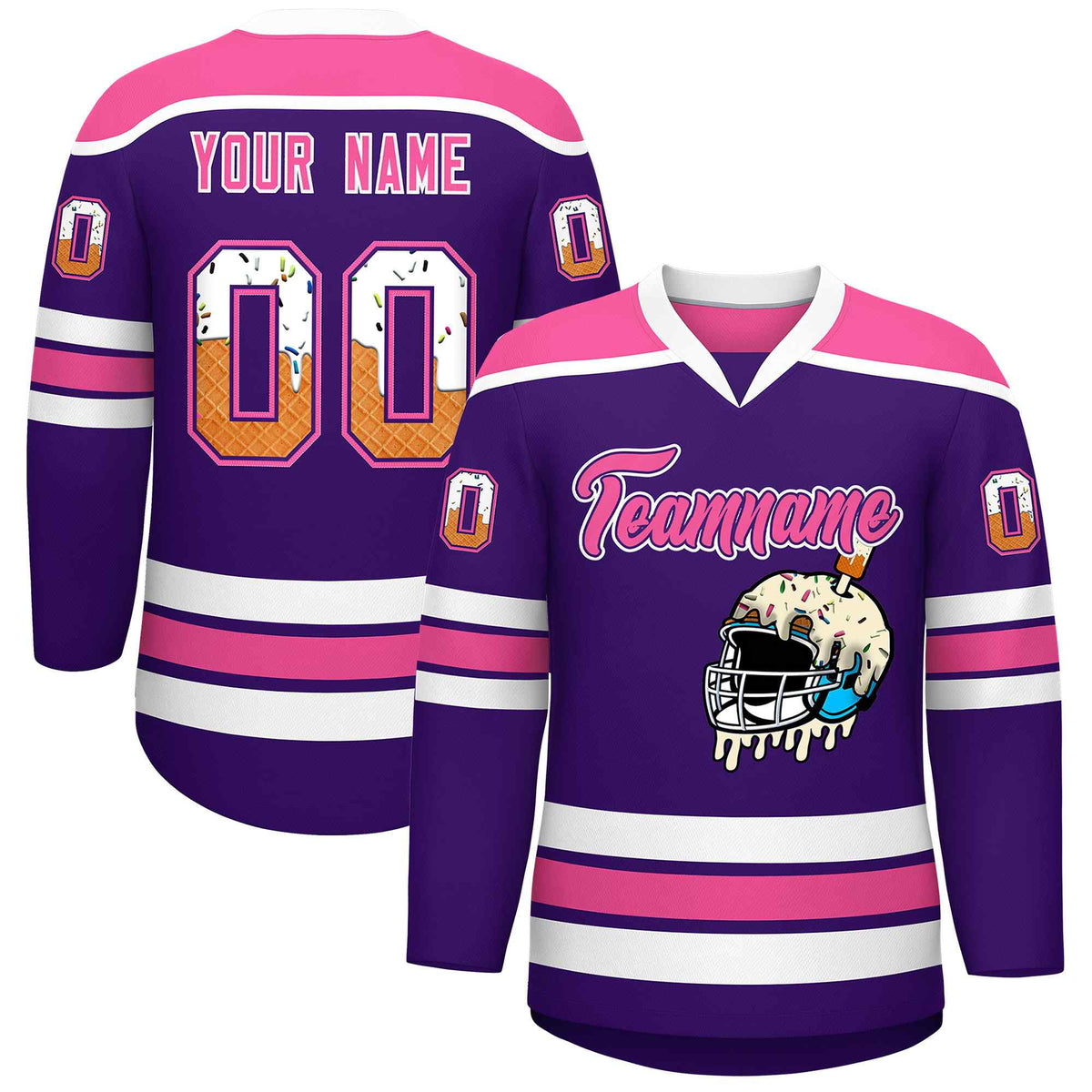 Custom Purple Pink Ice Cream Helmet Pattern Personalized V-Neck Hockey Jersey