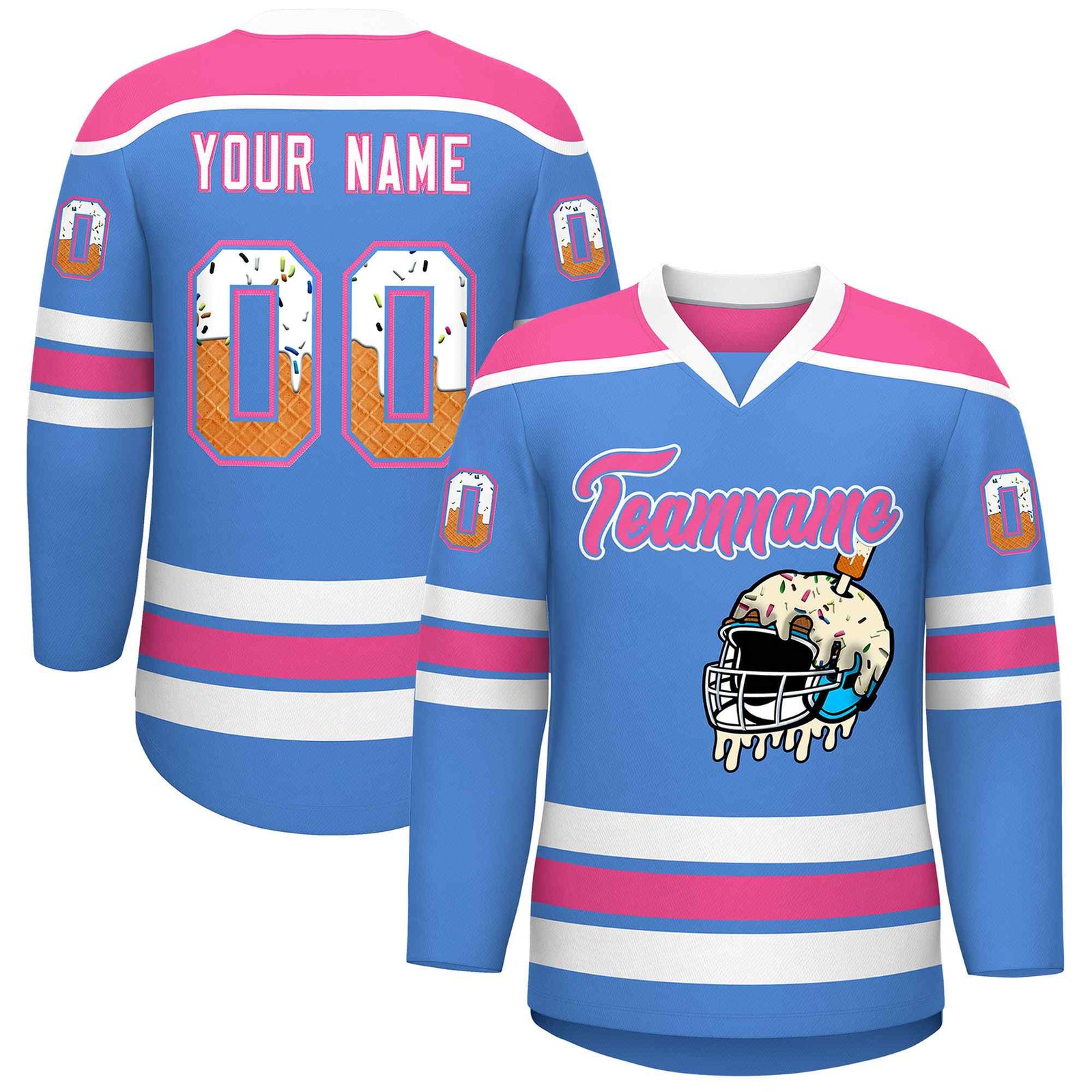 Custom Powder Blue Pink Ice Cream Helmet Pattern Personalized V-Neck Hockey Jersey