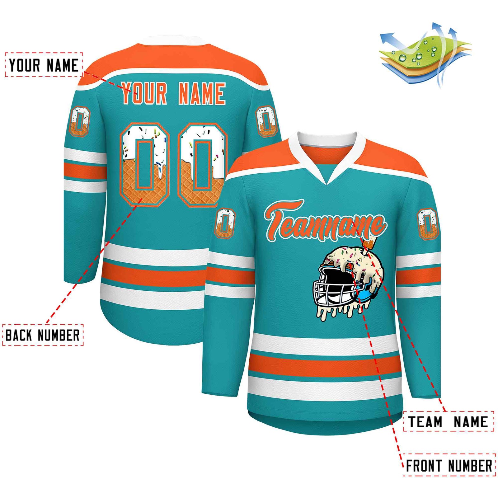 Custom Aqua Orange Ice Cream Helmet Pattern Personalized V-Neck Hockey Jersey