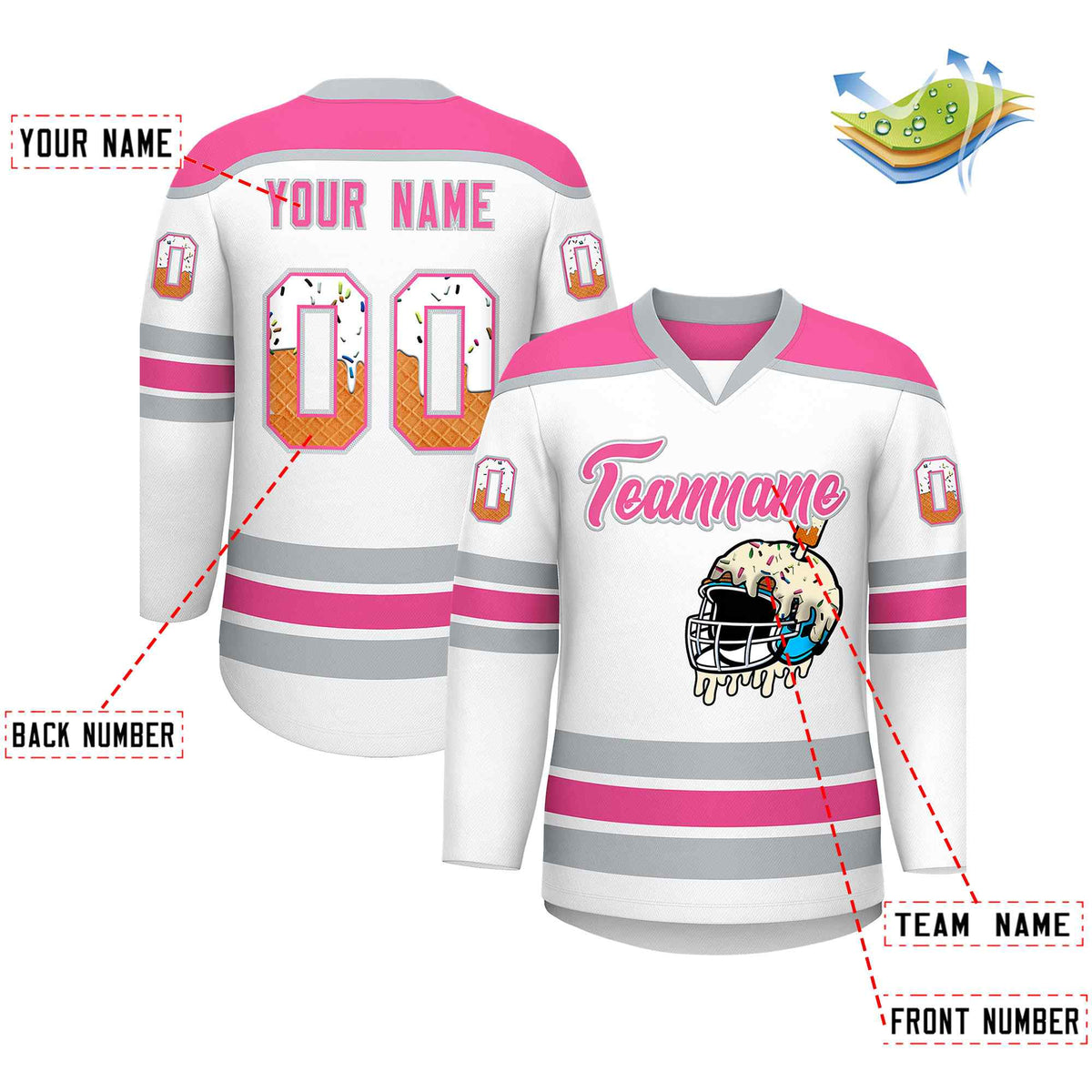 Custom White Pink Ice Cream Helmet Pattern Personalized V-Neck Hockey Jersey
