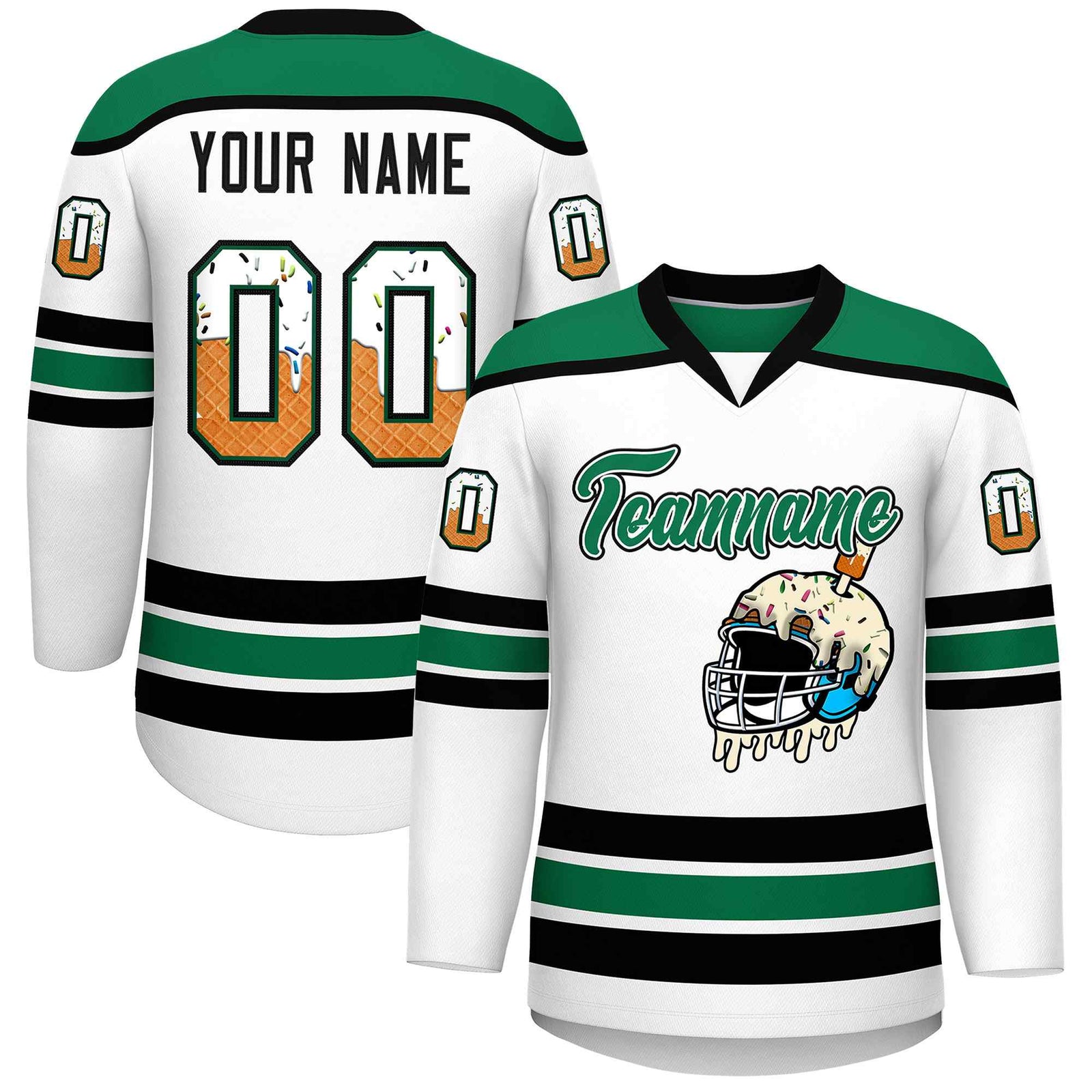 Custom White Kelly Green Ice Cream Helmet Pattern Personalized V-Neck Hockey Jersey