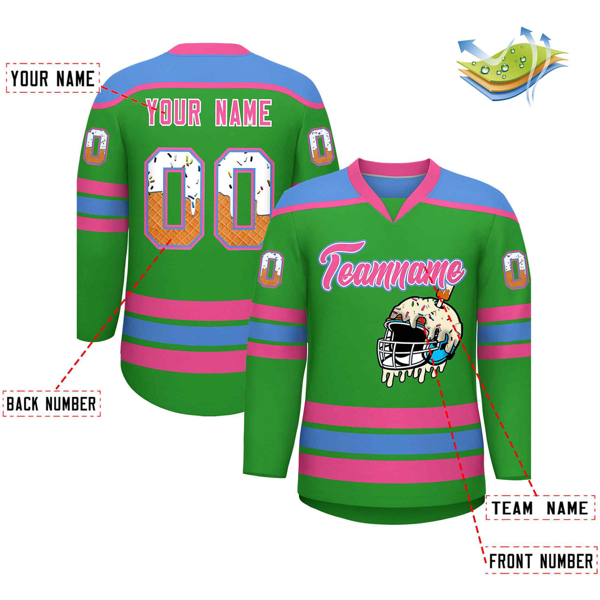 Custom Light Green Powder Blue Ice Cream Helmet Pattern Personalized V-Neck Hockey Jersey