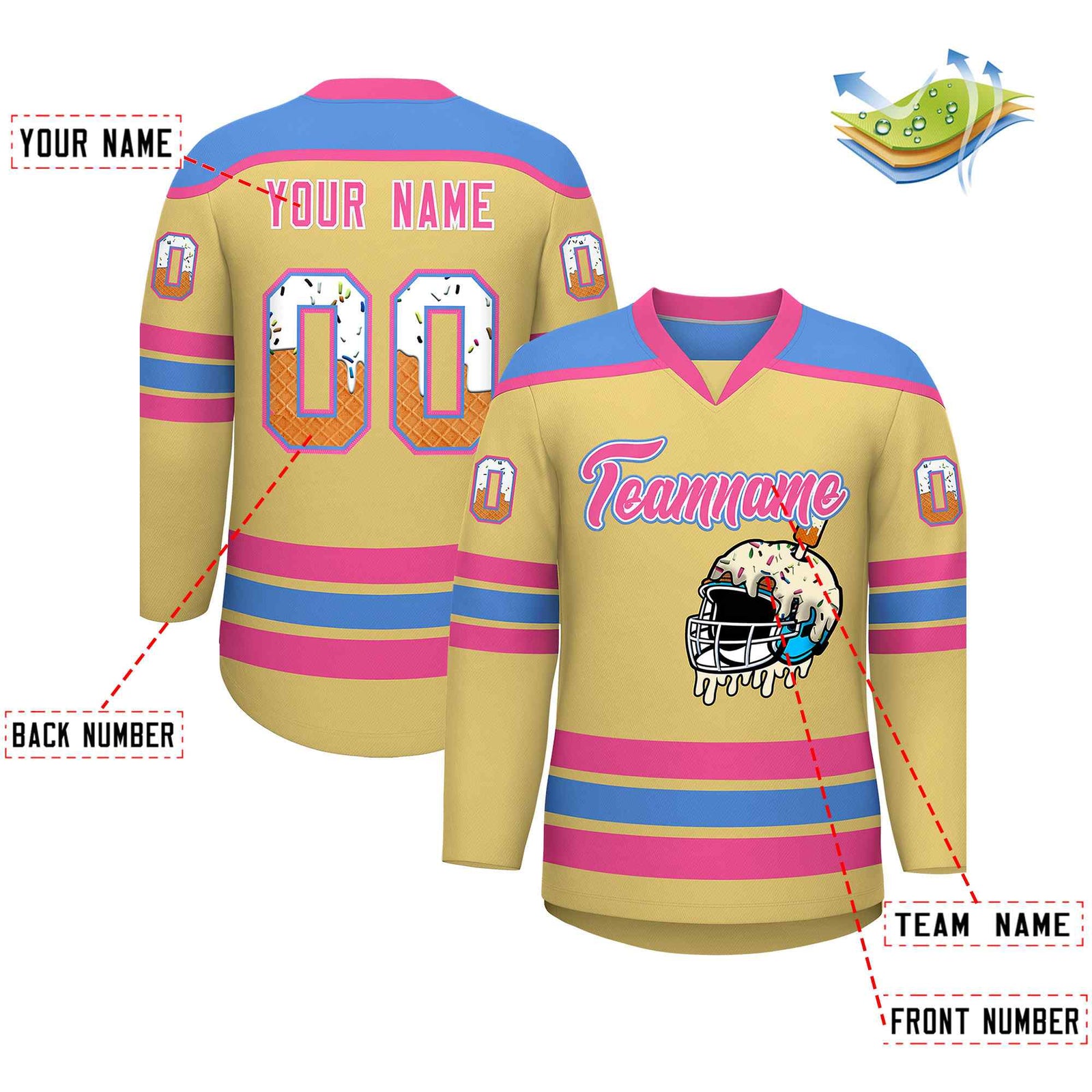 Custom Khaki Powder Blue Ice Cream Helmet Pattern Personalized V-Neck Hockey Jersey