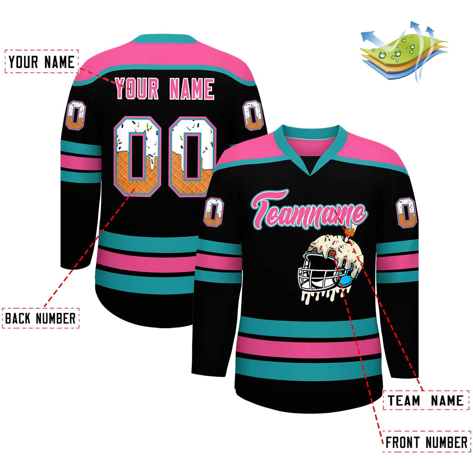 Custom Black Pink Ice Cream Helmet Pattern Personalized V-Neck Hockey Jersey
