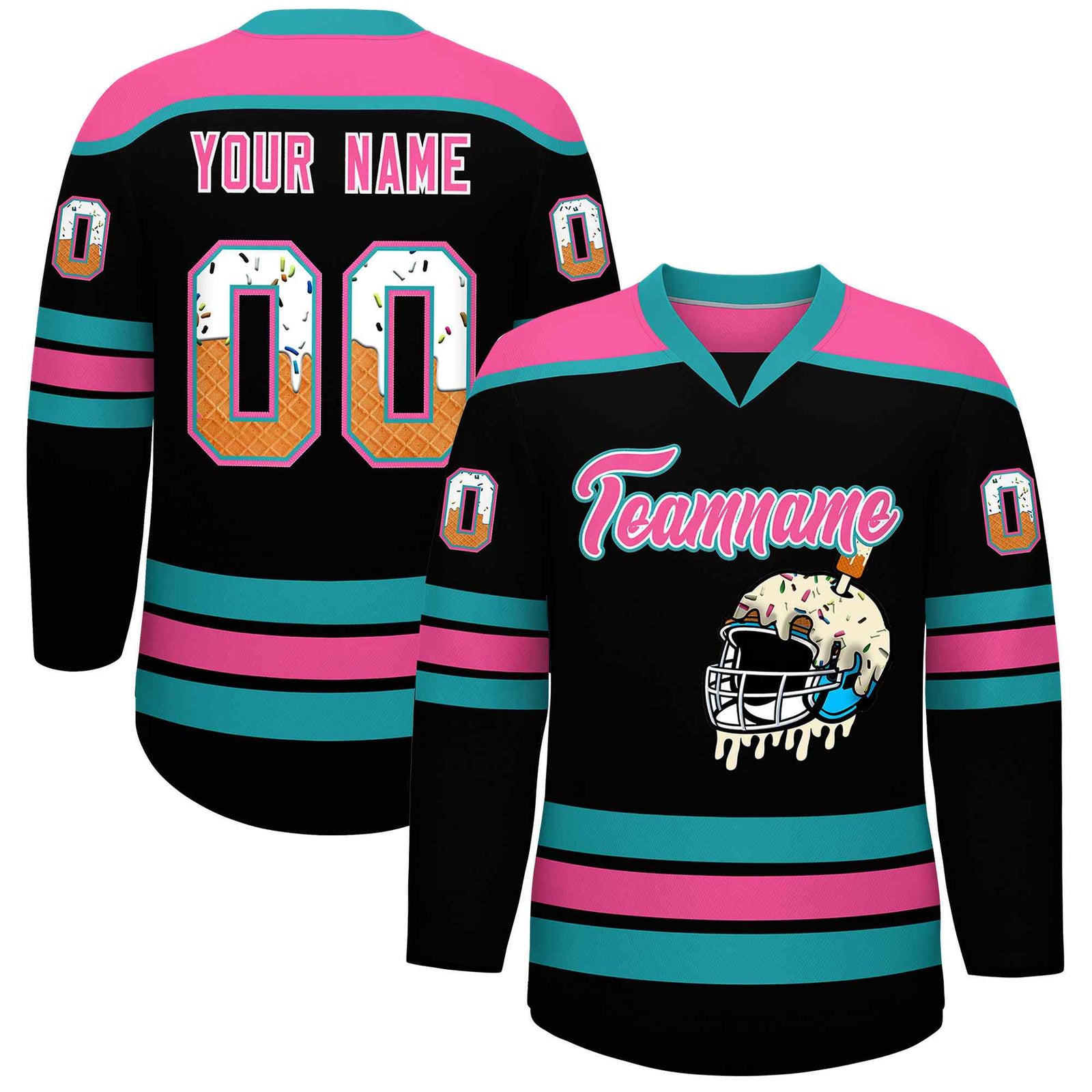 Custom Black Pink Ice Cream Helmet Pattern Personalized V-Neck Hockey Jersey