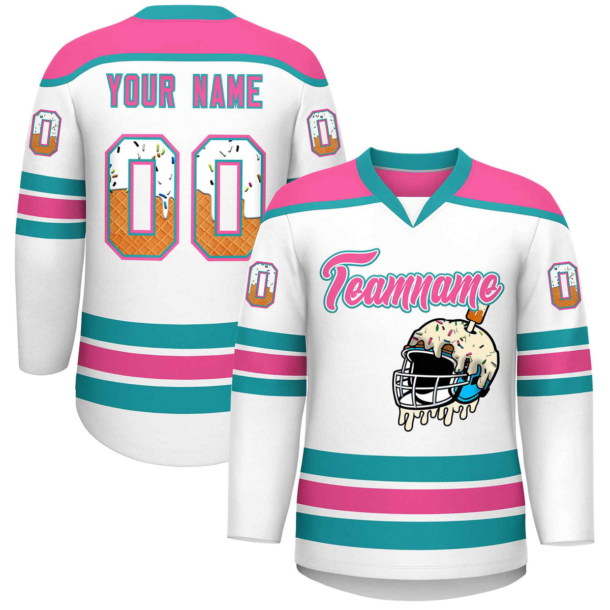 Custom White Pink Ice Cream Helmet Pattern Personalized V-Neck Hockey Jersey