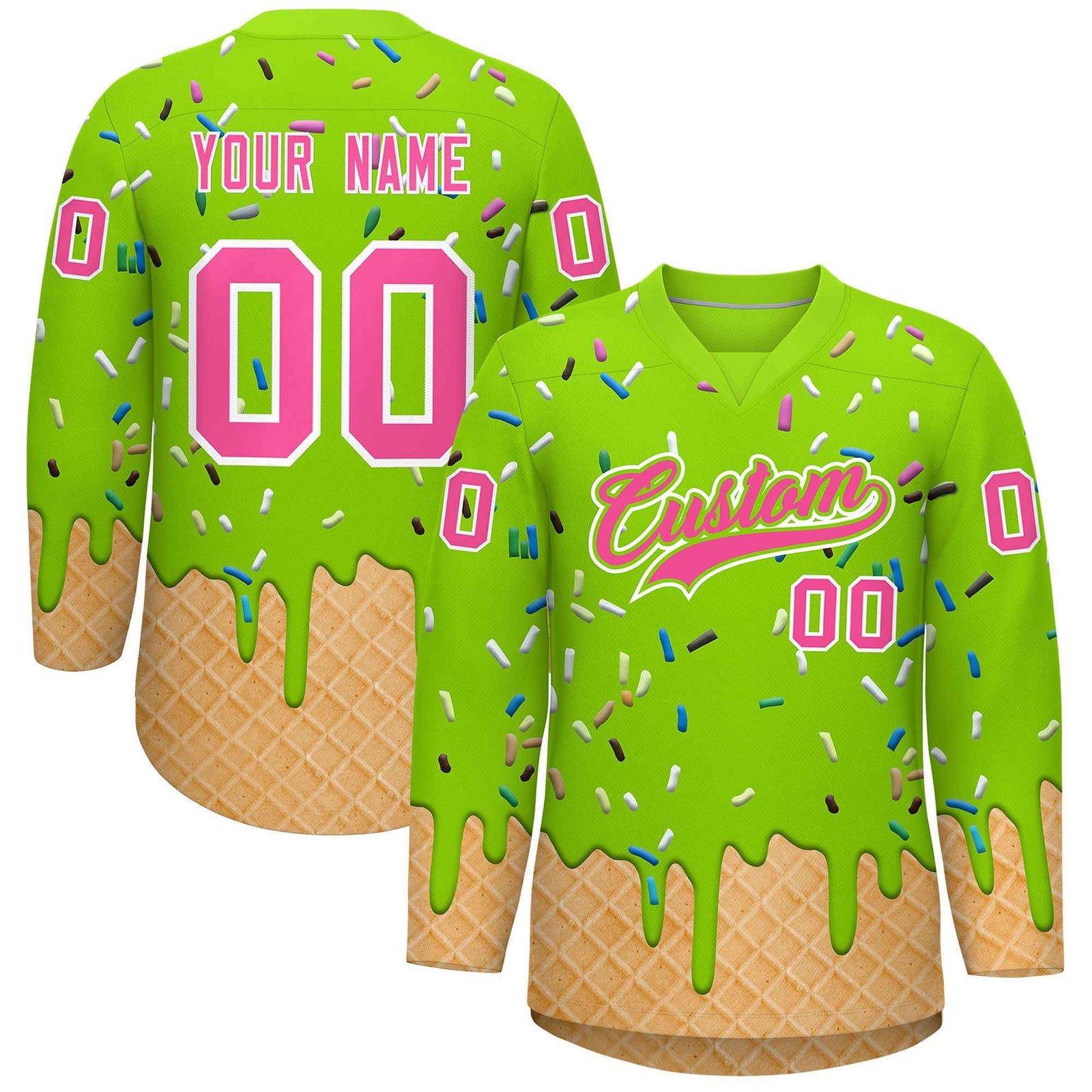 Custom Neon Green Pink Ice Cream Pattern Personalized V-Neck Hockey Jersey