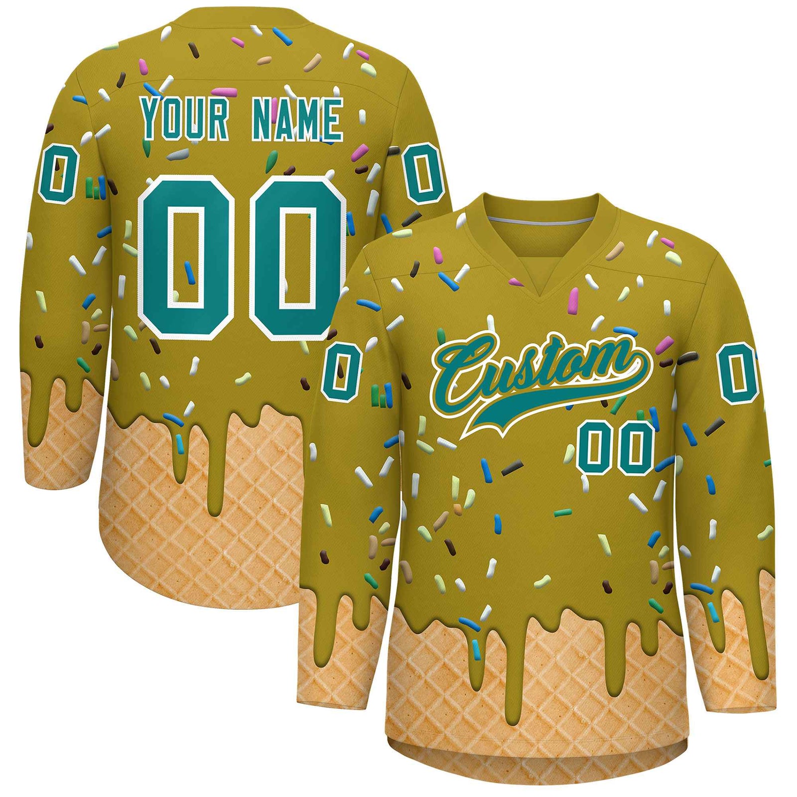 Custom Old Gold Teal Ice Cream Pattern Personalized V-Neck Hockey Jersey
