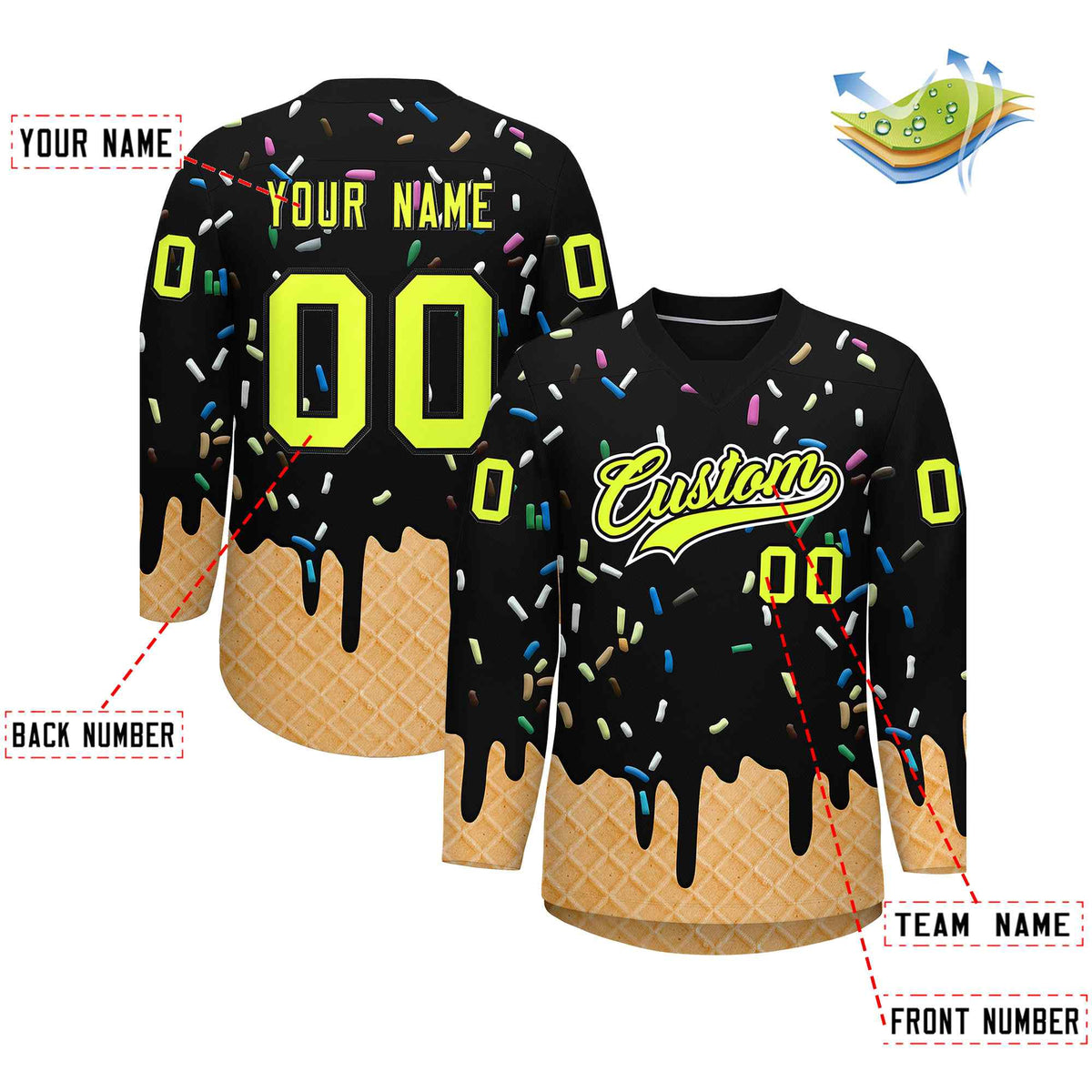 Custom Black Fluorescent Green Ice Cream Pattern Personalized V-Neck Hockey Jersey