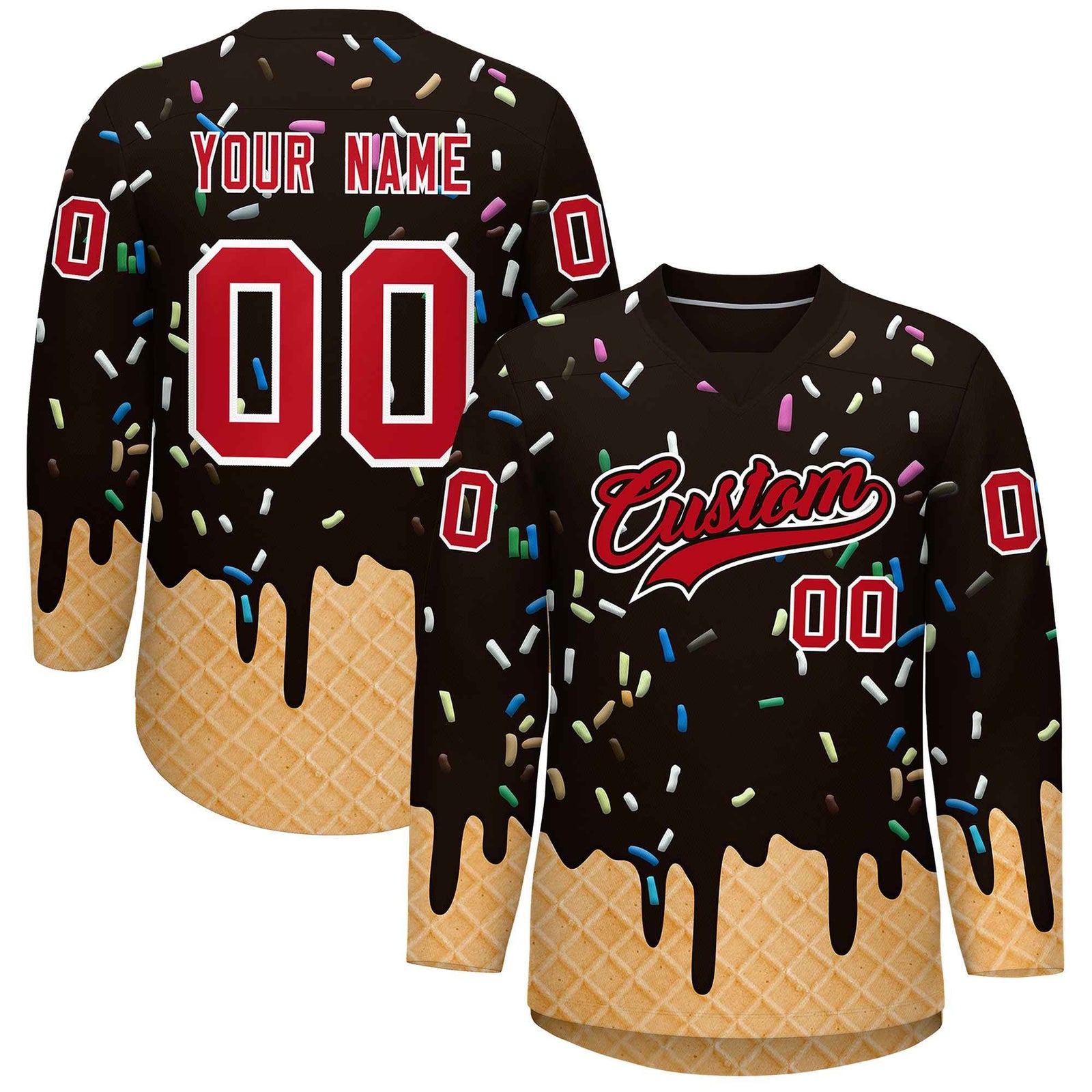 Custom Brown Red Ice Cream Pattern Personalized V-Neck Hockey Jersey