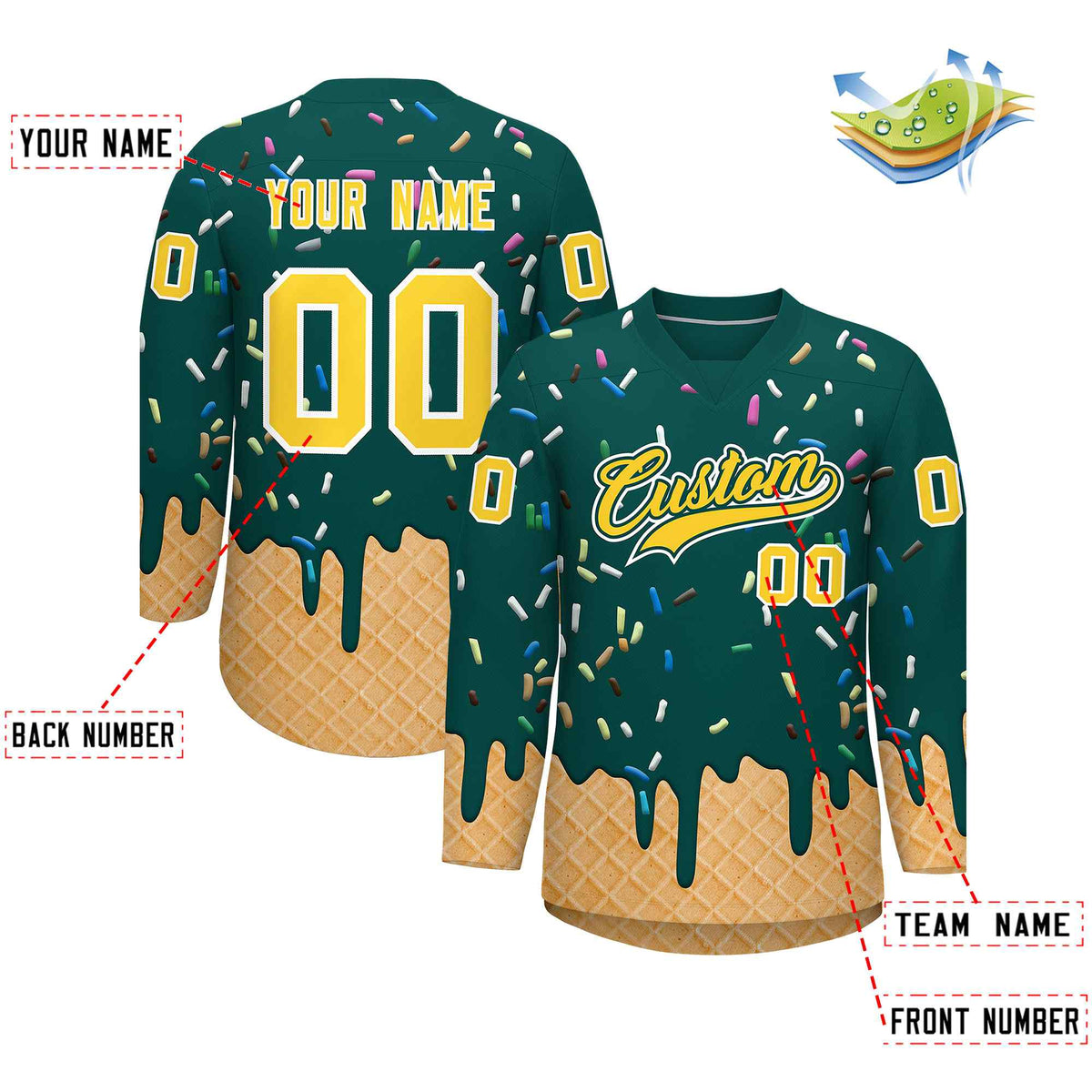 Custom Midnight Green Gold Ice Cream Pattern Personalized V-Neck Hockey Jersey