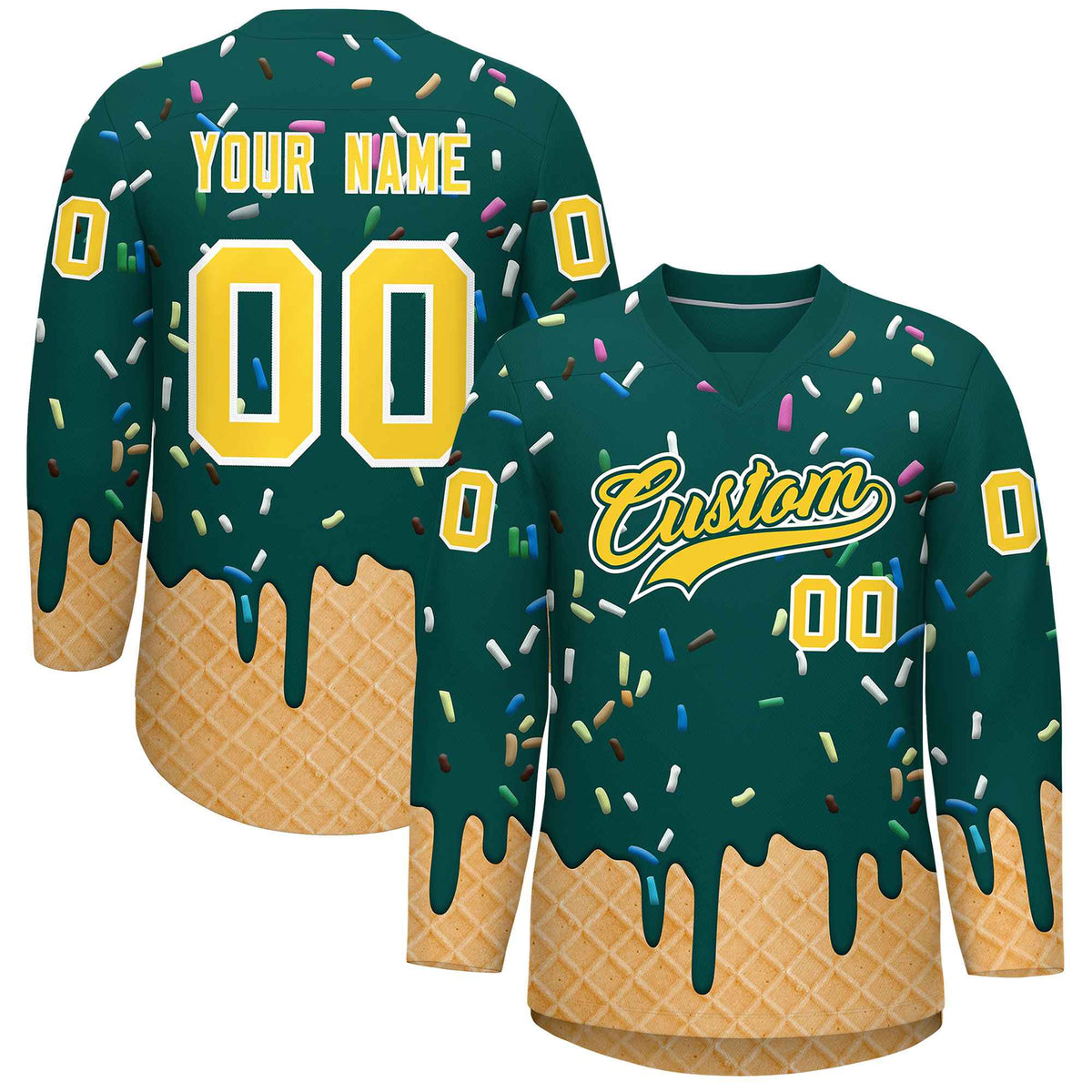 Custom Midnight Green Gold Ice Cream Pattern Personalized V-Neck Hockey Jersey