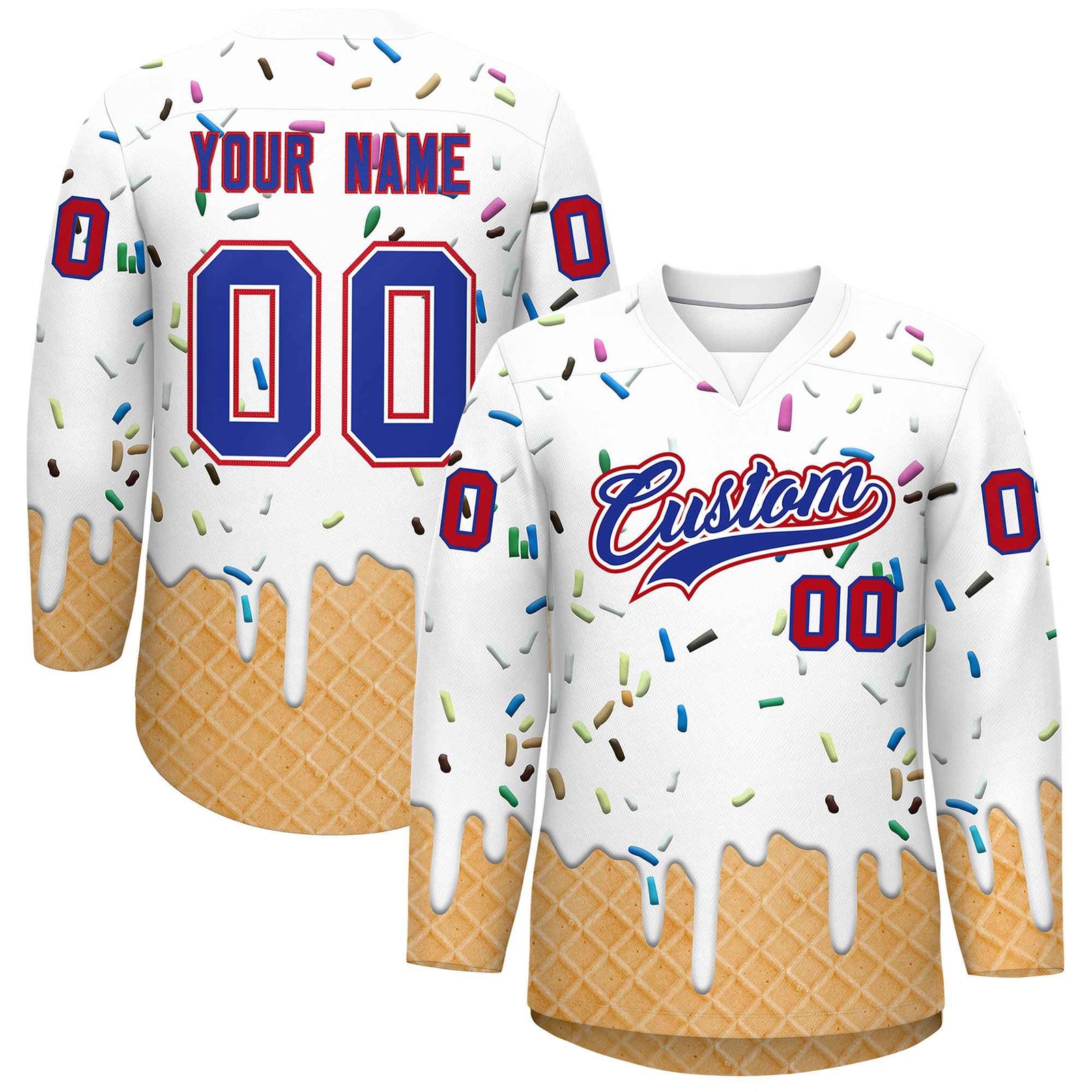 Custom White Royal Blue Ice Cream Pattern Personalized V-Neck Hockey Jersey
