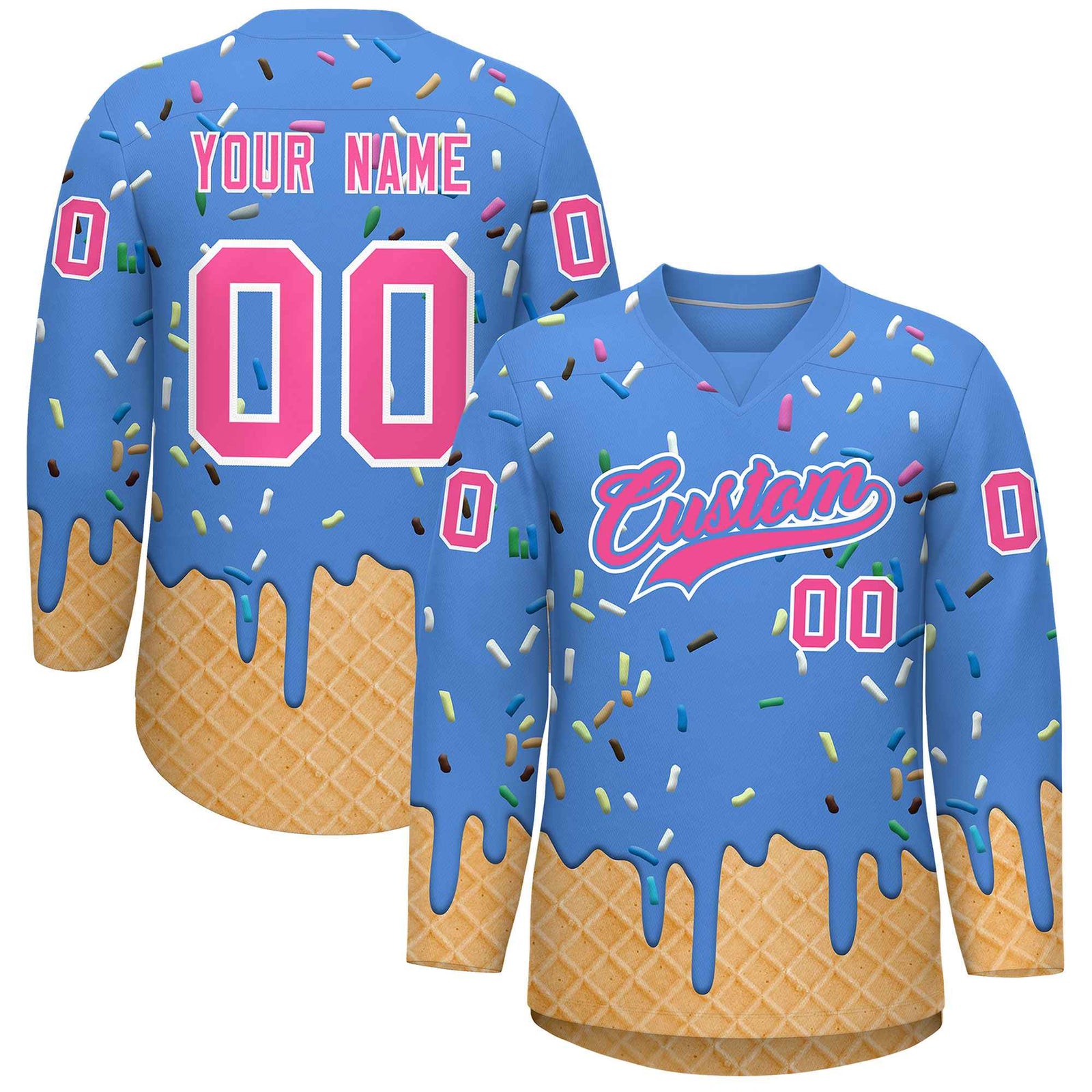 Custom Powder Blue Pink Ice Cream Pattern Personalized V-Neck Hockey Jersey