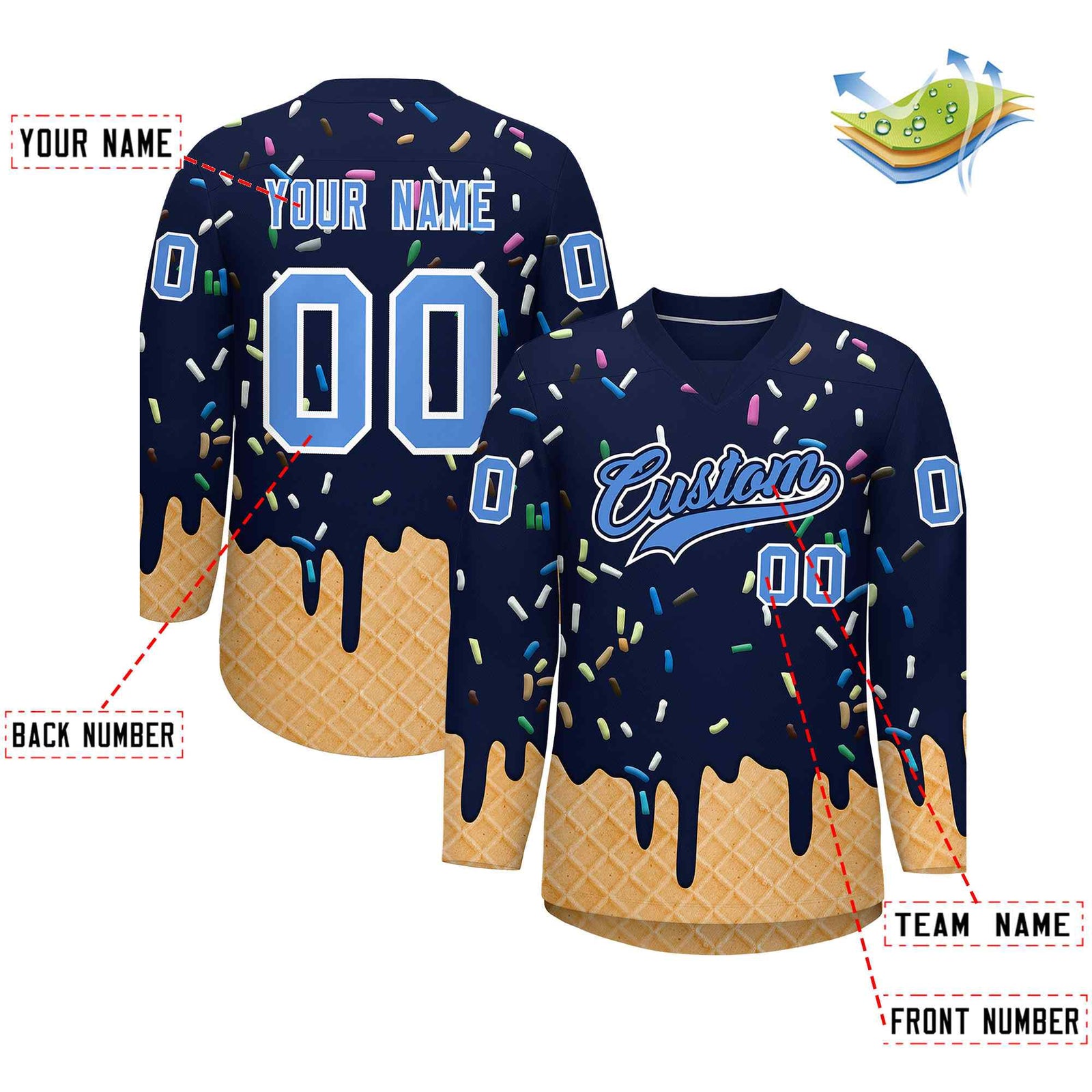 Custom Navy Powder Blue Ice Cream Pattern Personalized V-Neck Hockey Jersey