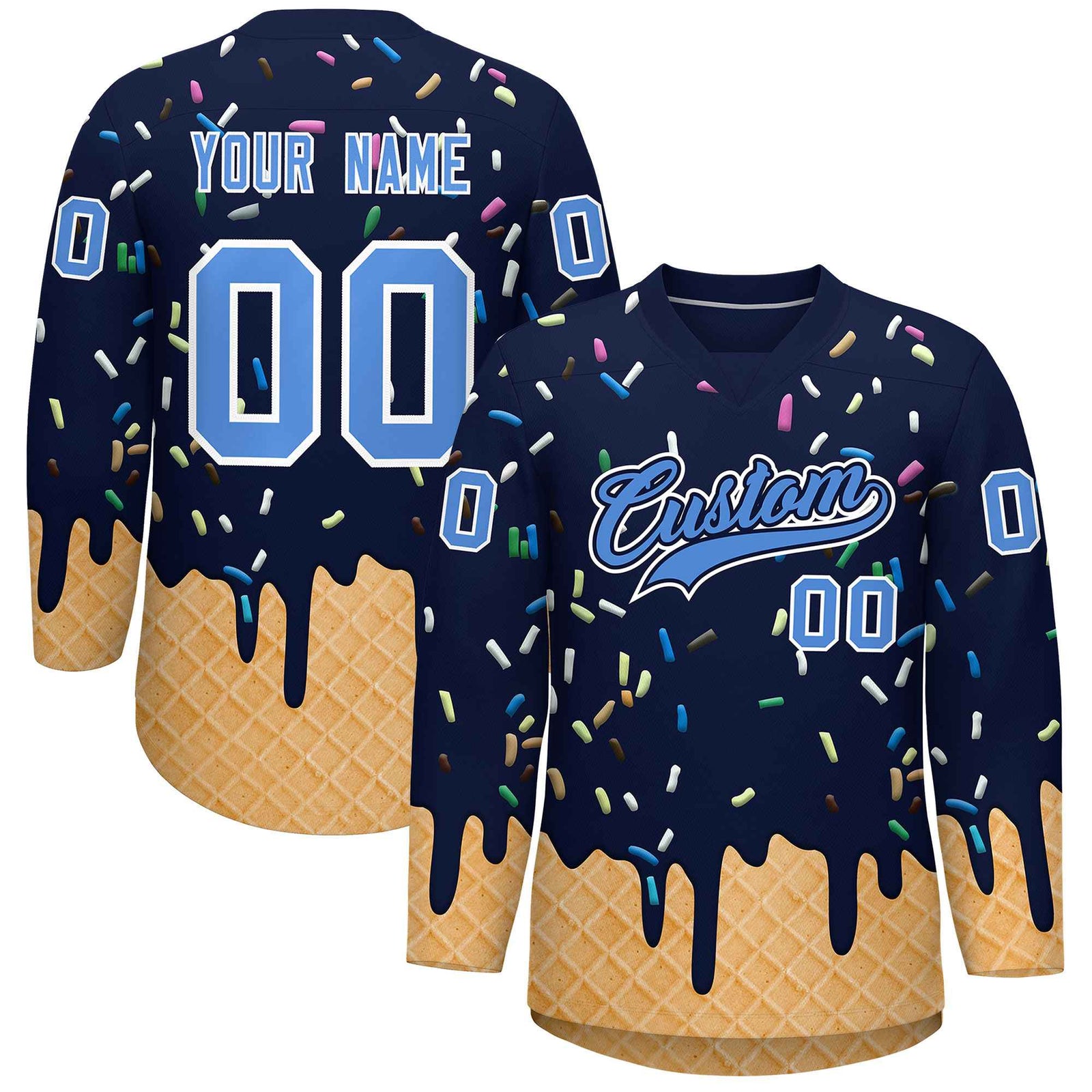 Custom Navy Powder Blue Ice Cream Pattern Personalized V-Neck Hockey Jersey