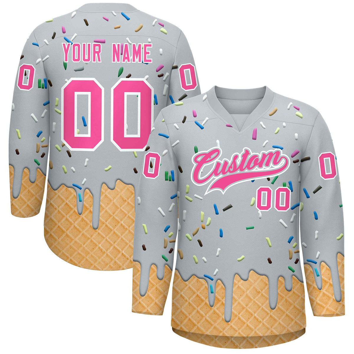 Custom Silver Pink Ice Cream Pattern Personalized V-Neck Hockey Jersey
